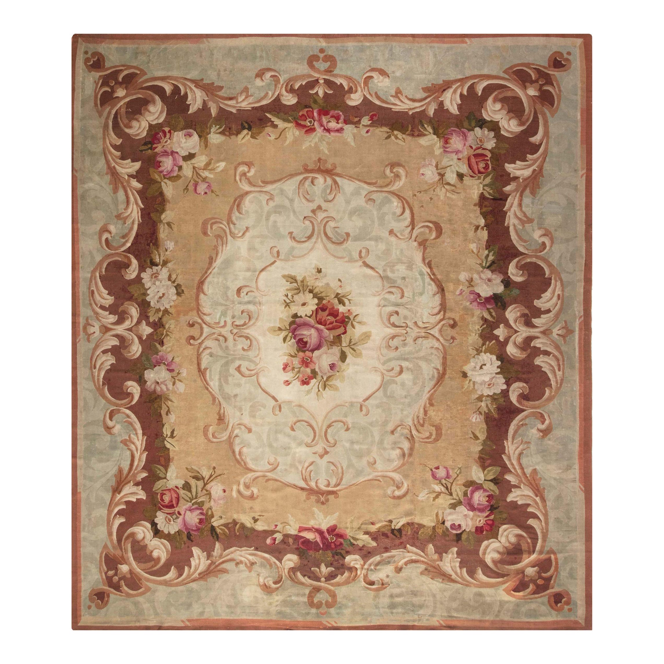 Doris Leslie Blau Antique French Aubusson Floral Handwoven Wool Rug For Sale
