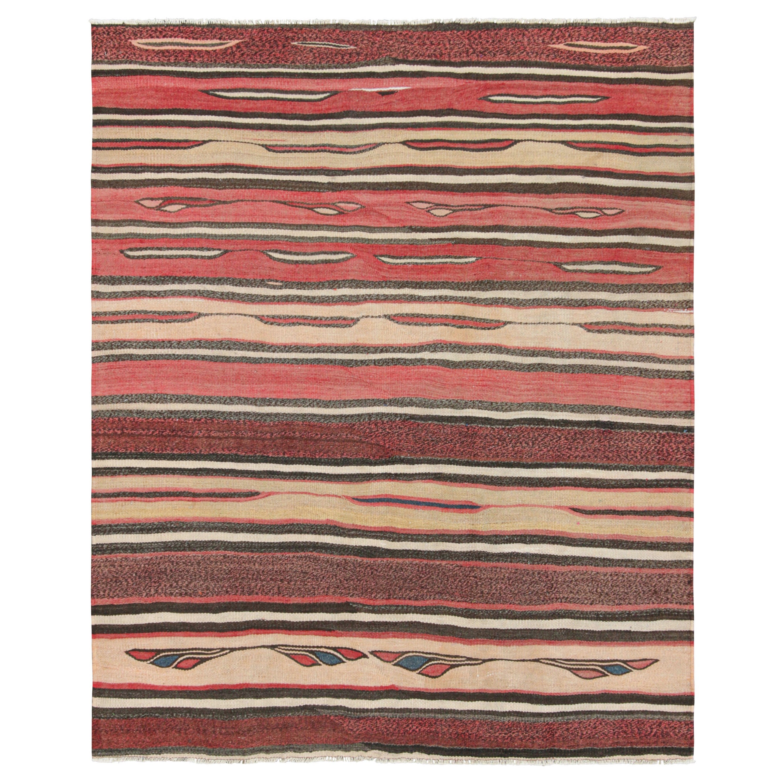 Kilim azerbaïdjanais vintage à rayures beige-marron et rouges - Rug & Kilim en vente