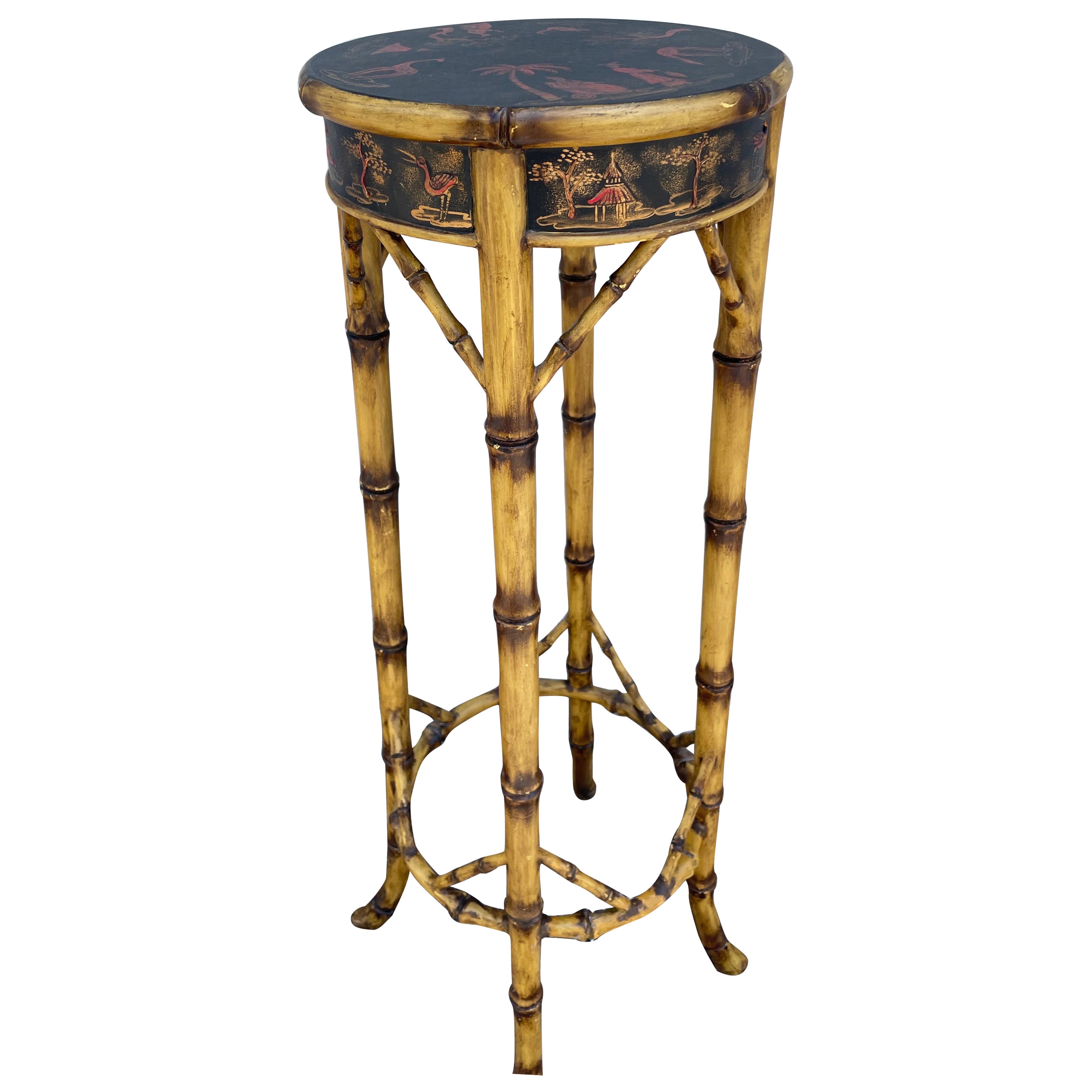 Vintage Chinoiserie Burnt Bamboo Stand / Pedestal For Sale
