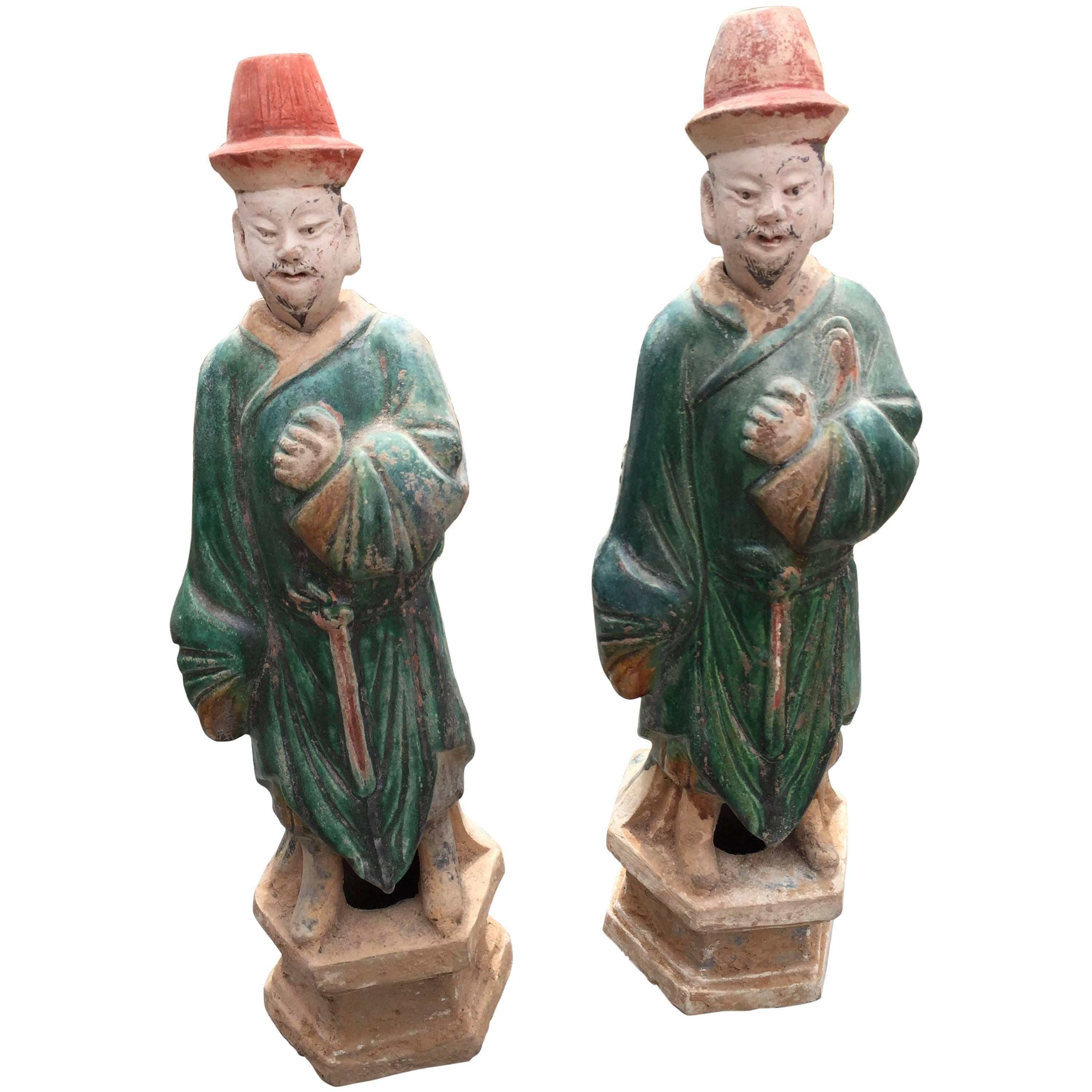 Chinese Court Men Antique Pair Handsome 400 Year Old Sculptures
