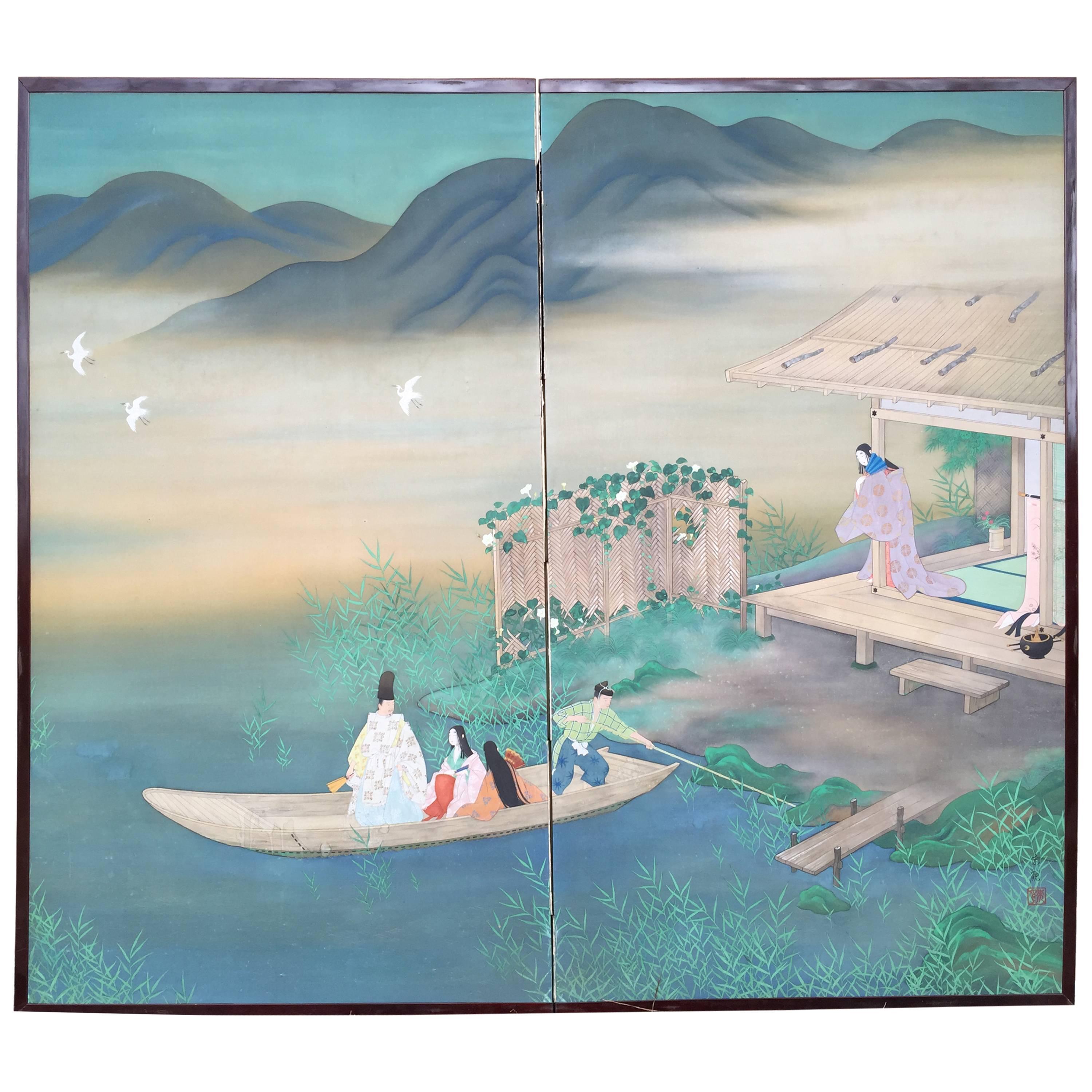 Japanese Fine "Boating & Birds on Mountain Blue Lake" Two Panel Screen Byobu 