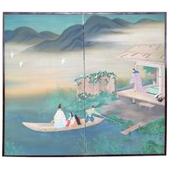 Vintage Japanese Fine "Boating & Birds on Mountain Blue Lake" Two Panel Screen Byobu 