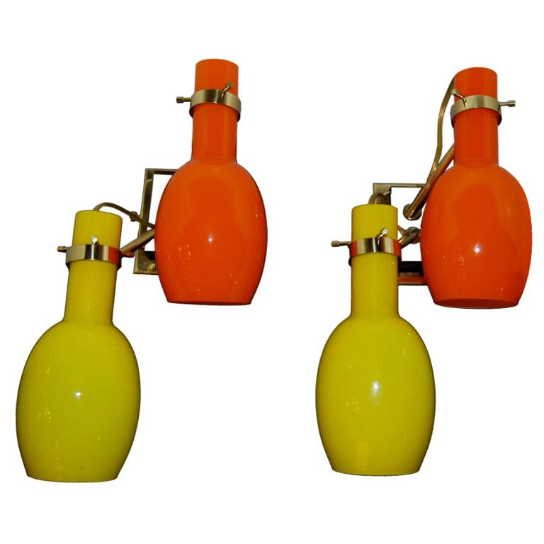 Stilnovo Sconces with Orange and Yellow Murano Glass Shades For Sale