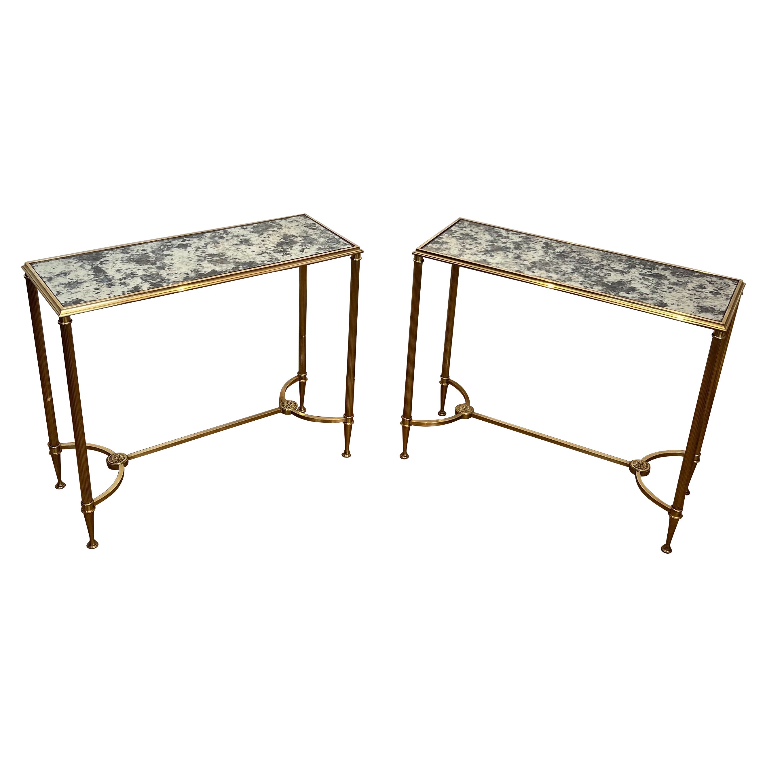 Pair of Brass Side Tables with Oxidized Mirror Tops by Maison Baguès