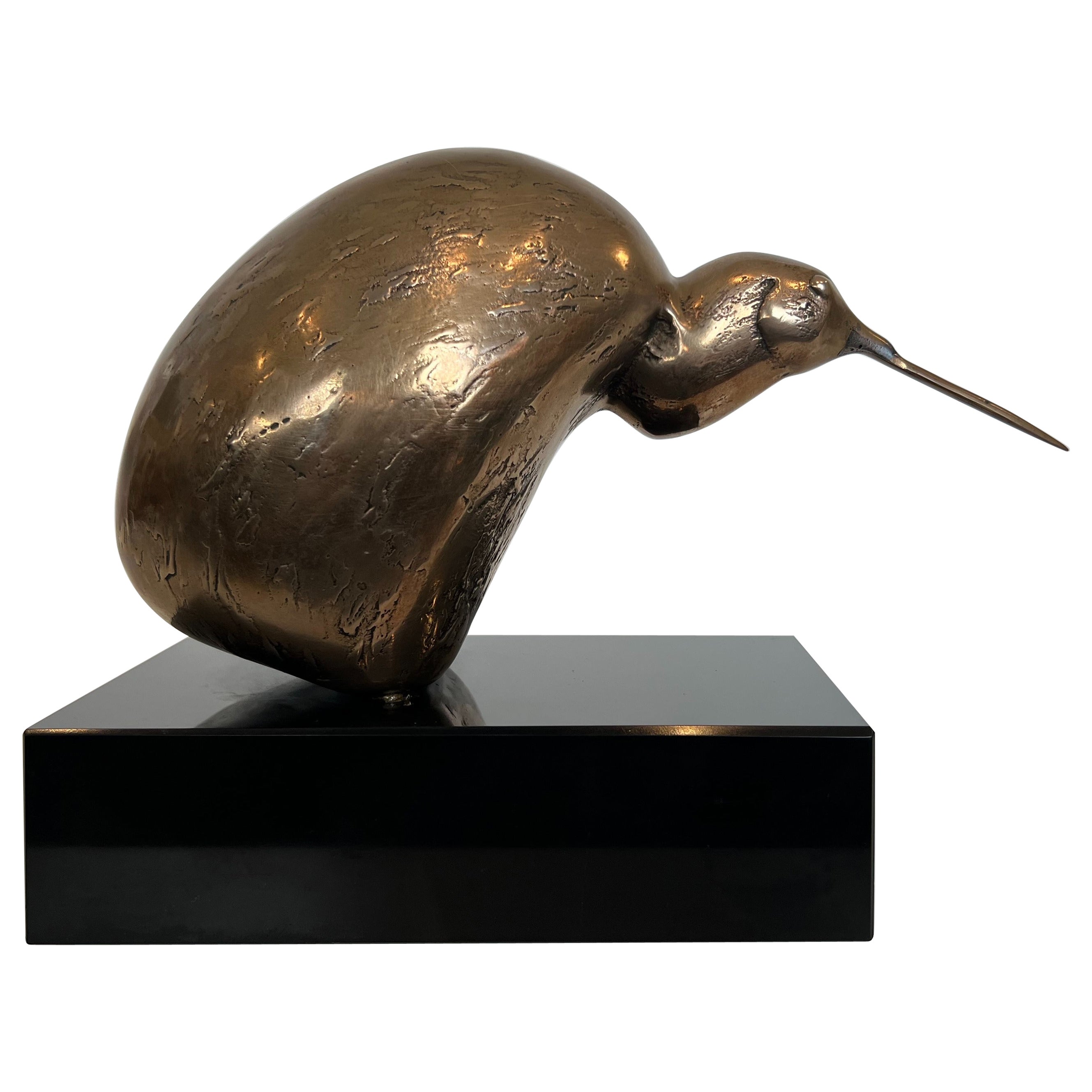 Bronze Sculpture Representing a Stylized Bird on a Black Marble Base, Signed For Sale