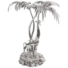 Silver Plate Giraffe under Palms Centerpiece Sculpture, circa 1960s