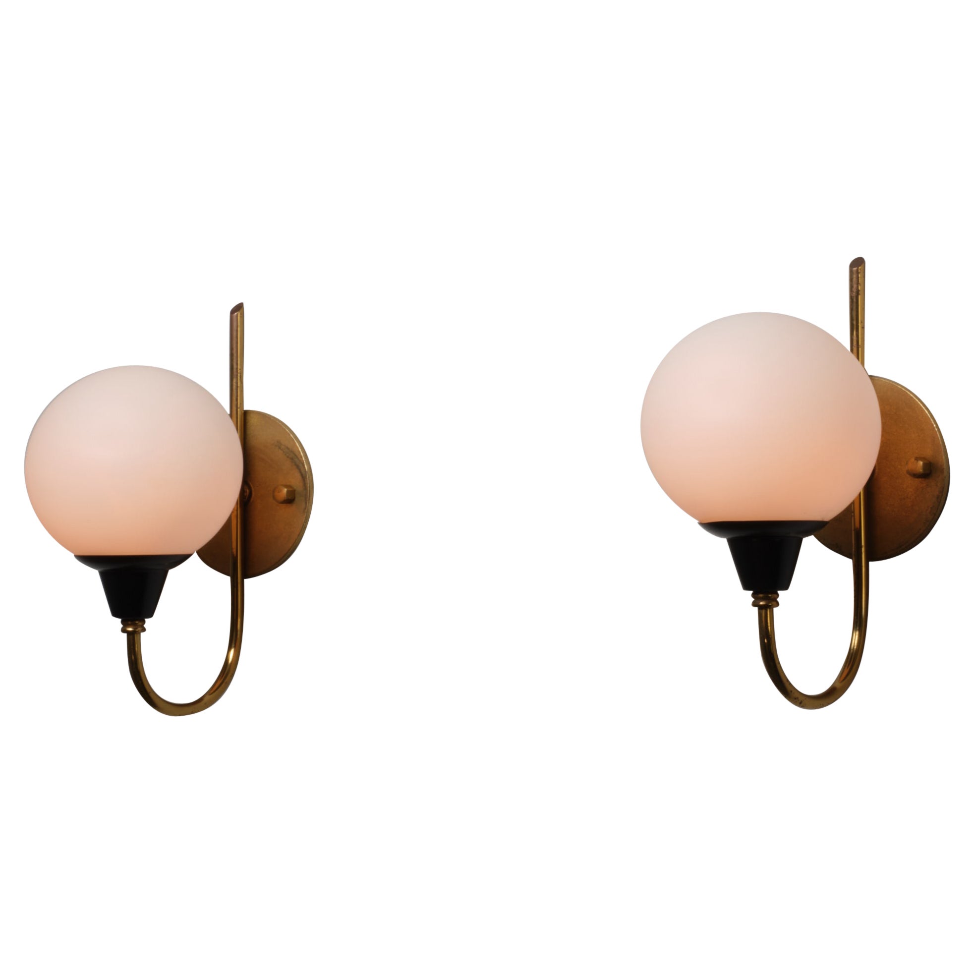 Pair of Italian 1950s Brass Wall Sconces with Spherical Opaline Glass Shades