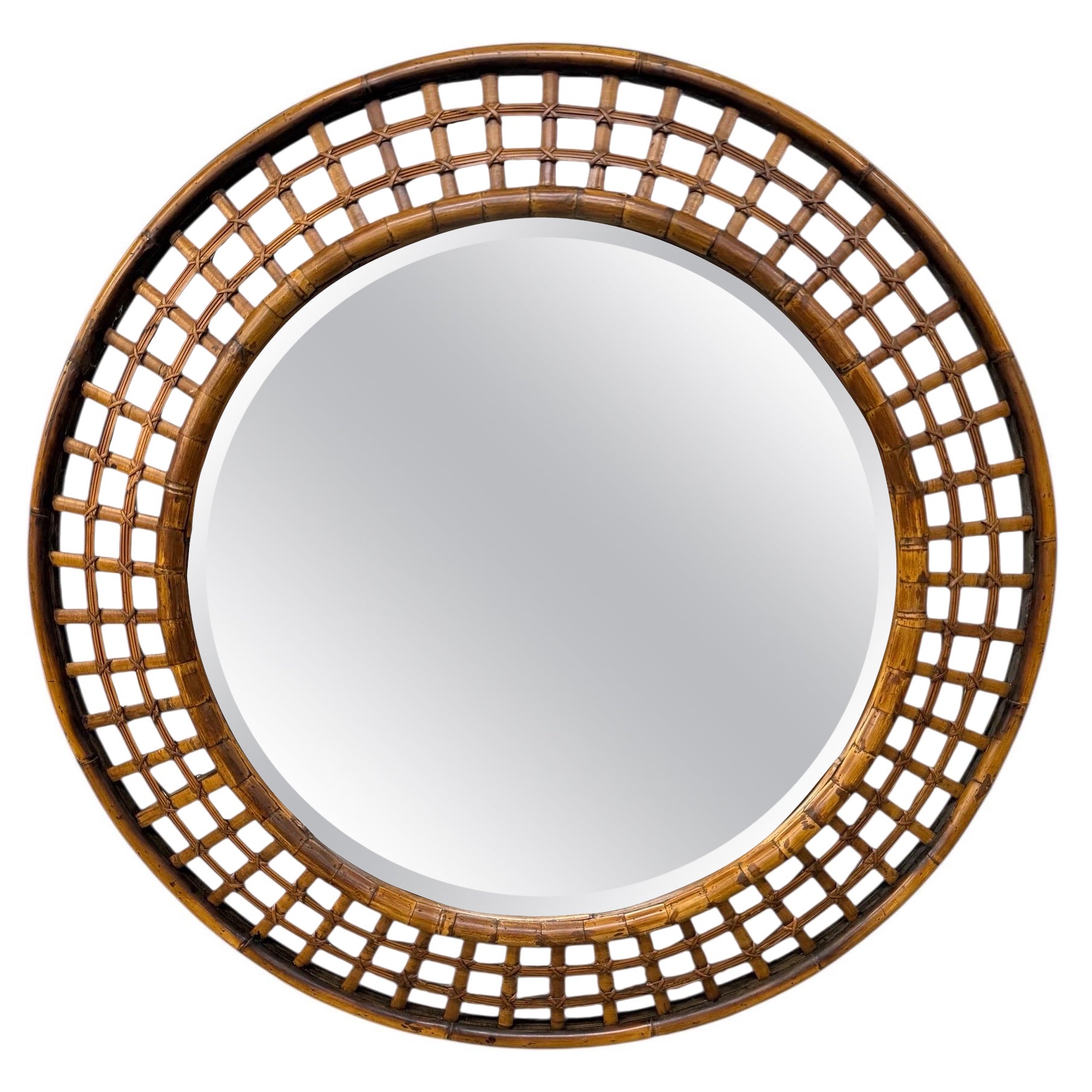 Miroir mural vintage en faux bambou et rotin rond en vente