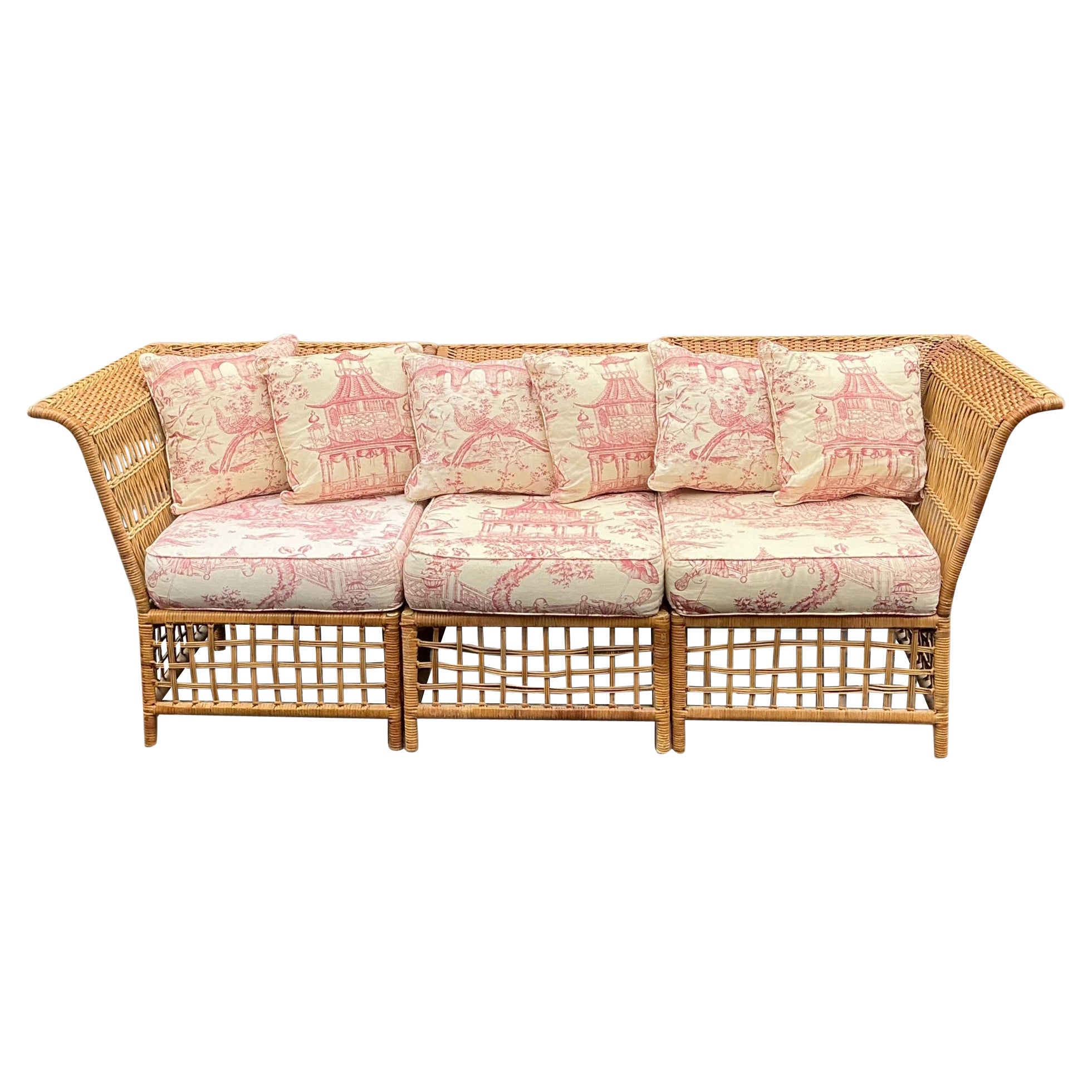 Bielecky Style Wicker Conversion Sofa - 2 Chairs & Ottoman W/ Chinoiserie Toile For Sale