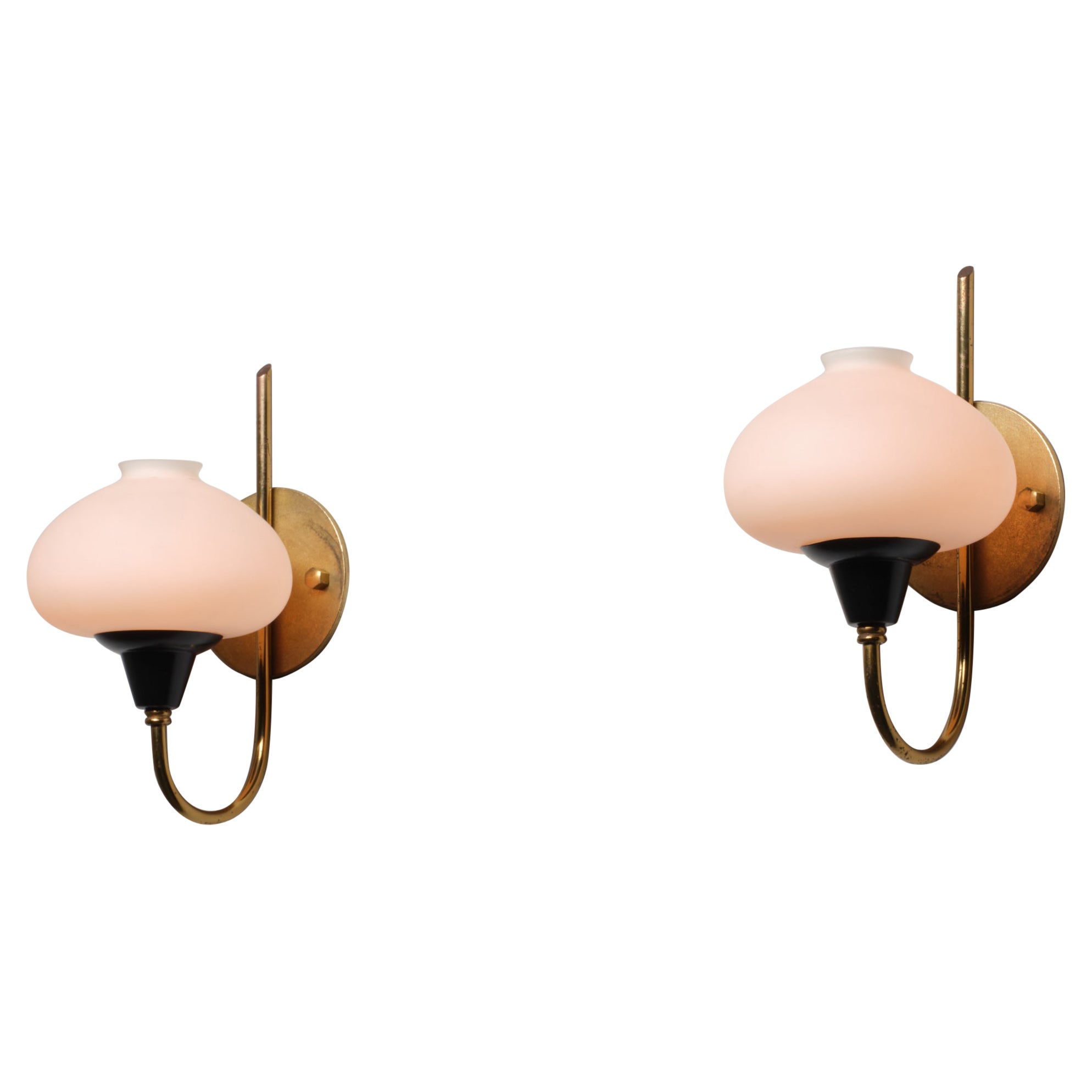 Pair of Italian 1950s Brass Wall Sconces with Opaline Glass Shades