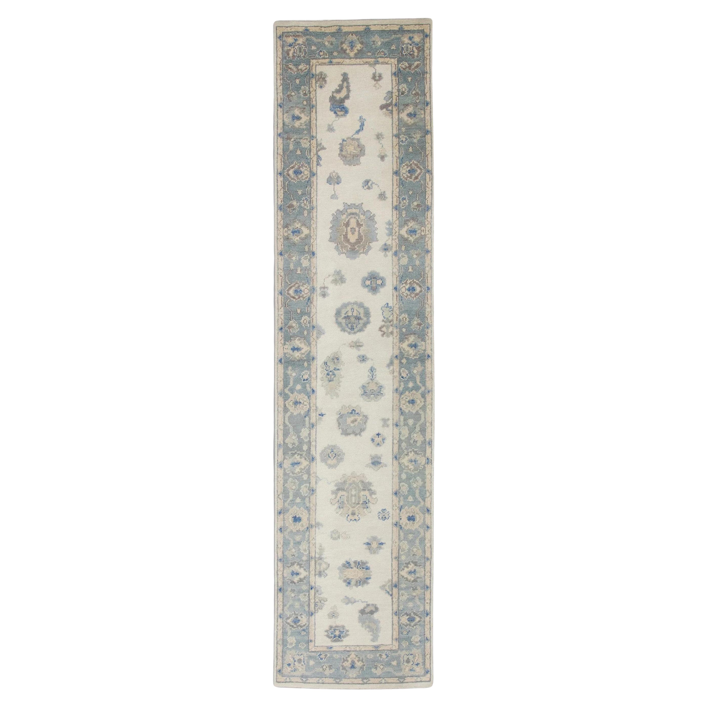 Türkischer Oushak Läufer Teppich Blau & Mauve Handgewebter Wollteppich 2'10" x 11'9" im Angebot