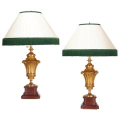 19th C. E.F. Caldwell (attrib) Pair of Gilt Bronze and Rouge Royale Marble Lamps