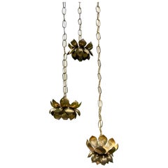 Wonderful Feldman 3 Light Brass Lotus Flower Pendant Chandelier Light Midcentury