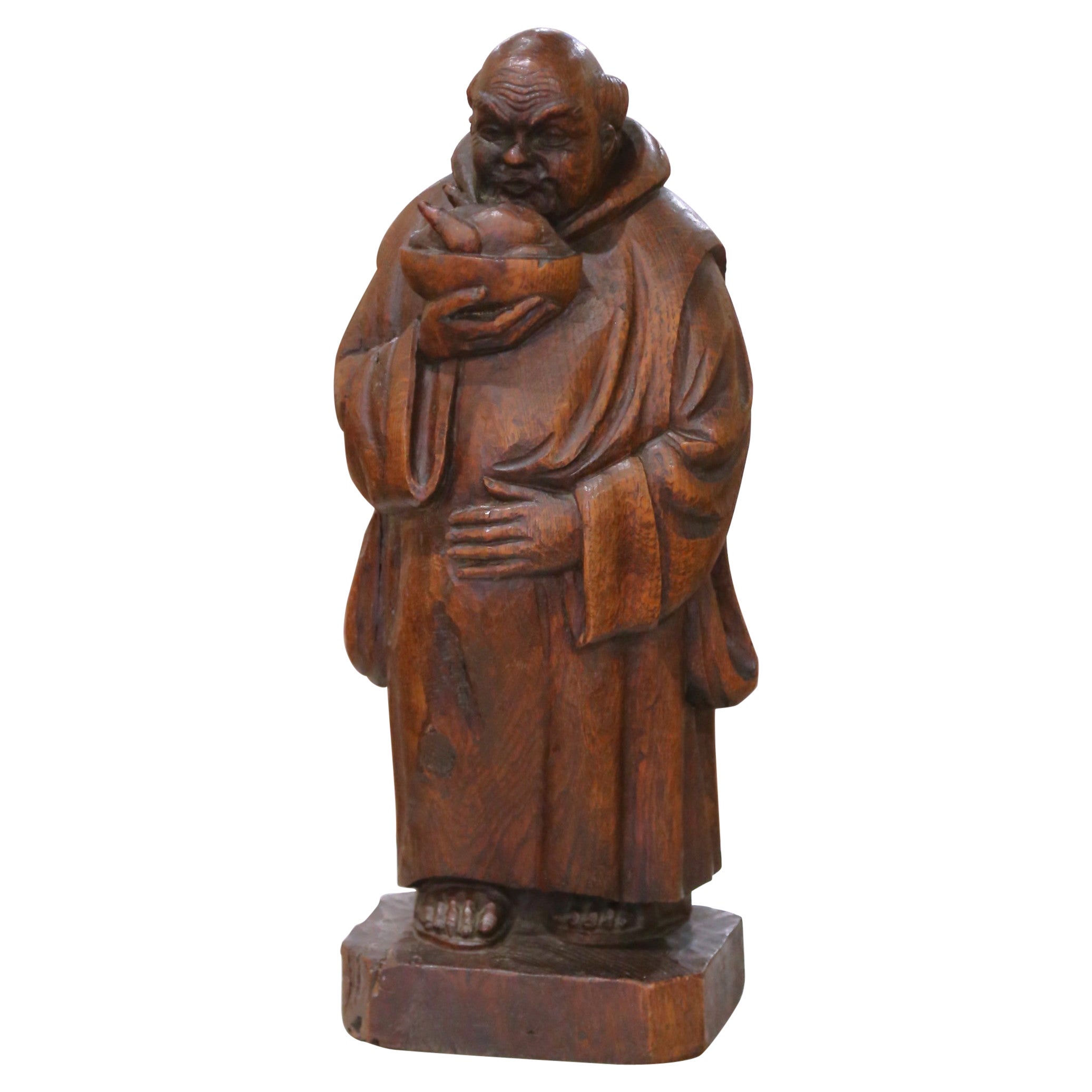 19th C. French Hand Carved Oak Monk Figure in Gothic Style Robe Holding Bowl For Sale