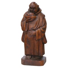 19th C. French Hand Carved Oak Monk Figure in Gothic Style Robe Holding Bowl