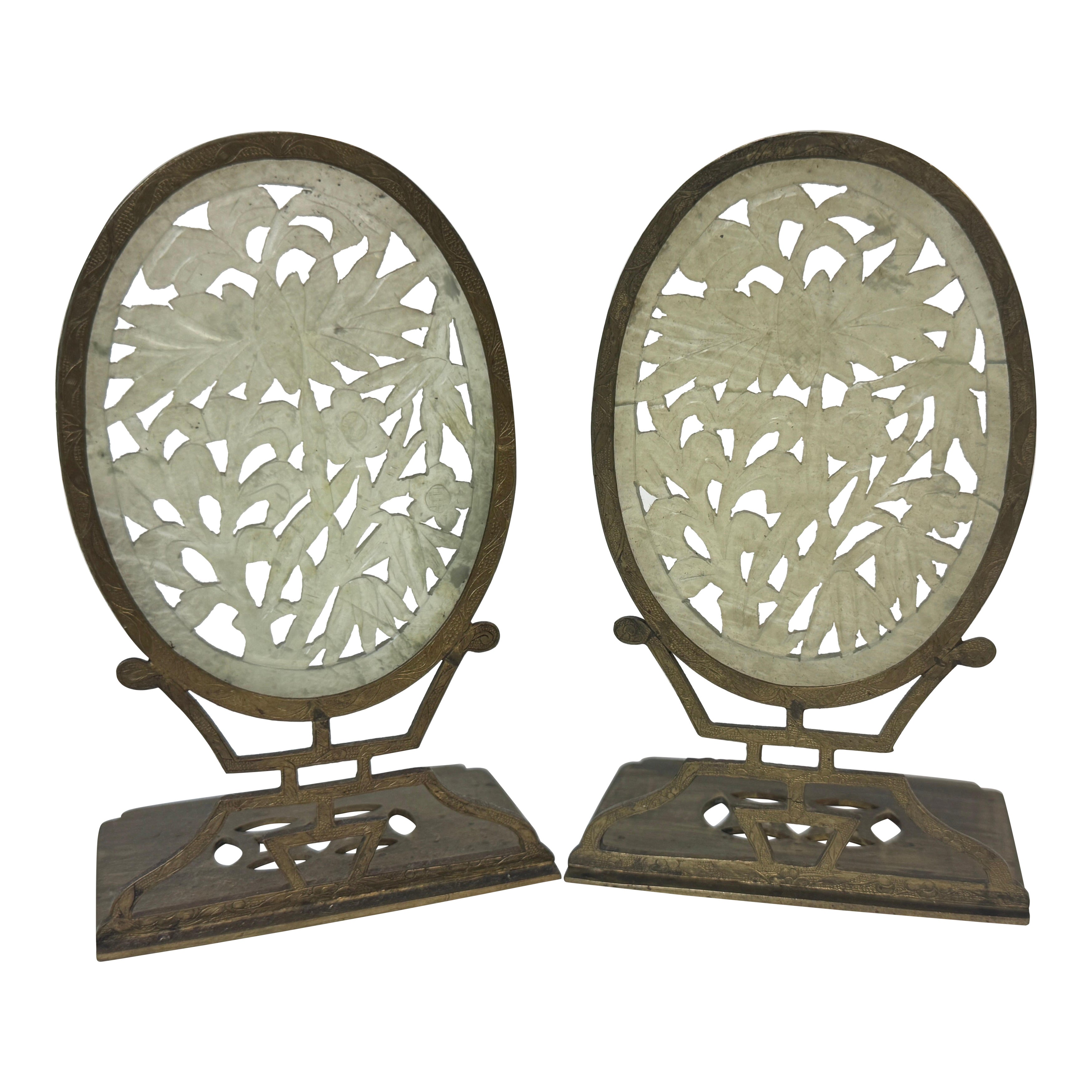 Pair of Art Deco Republic Chinese Carved Pale Jade Stone & Brass Bookends For Sale