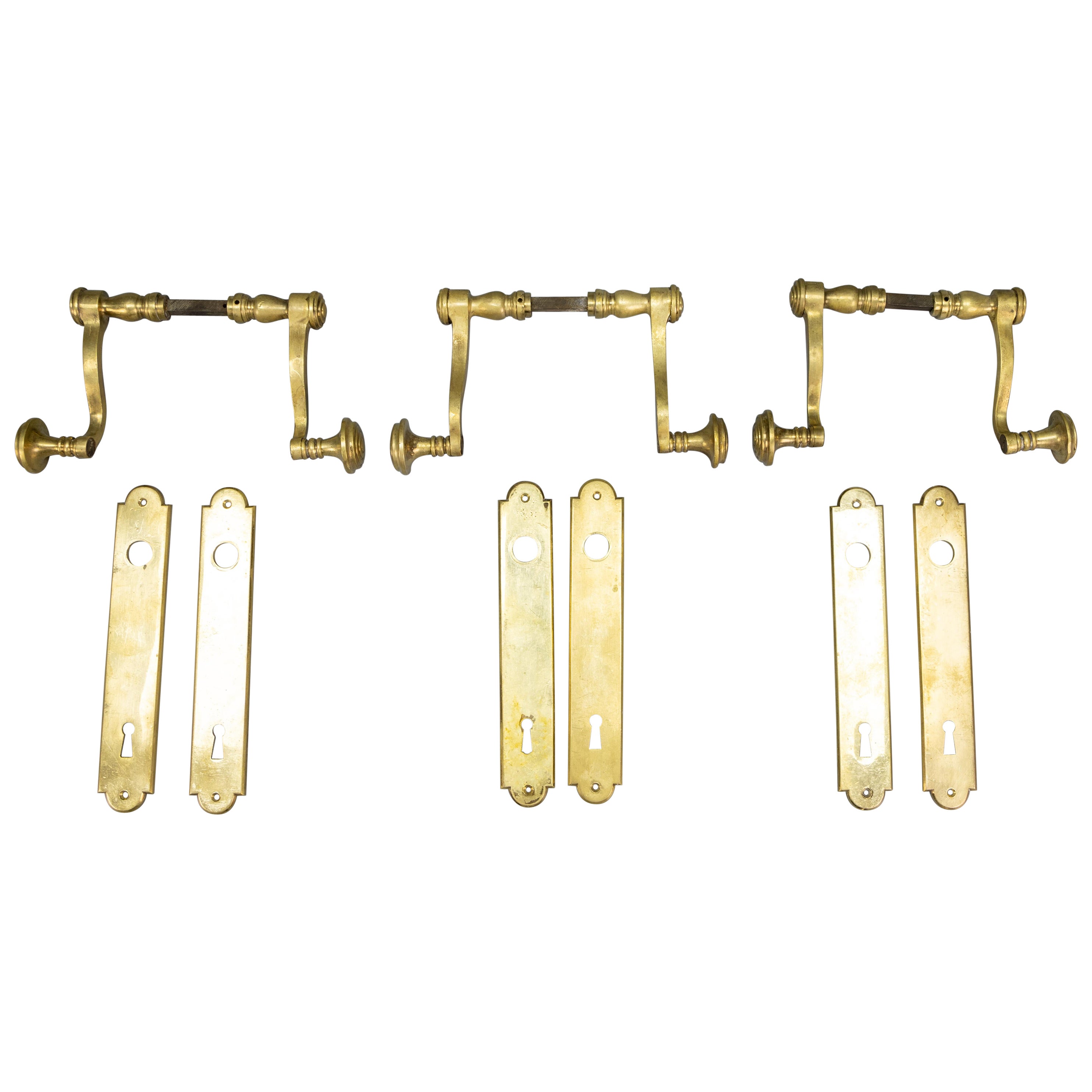 1930s French Art Deco Brass Door Handle Sets with Keyhole Backplates, Set of 3
