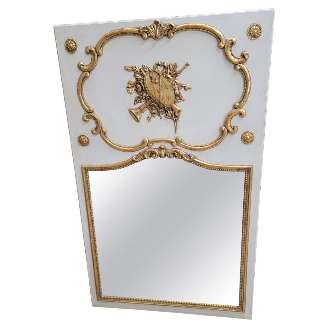 Antique Louis XVI Style Gold Gilded & White Painted French Trumeau Wall Mirror For Sale