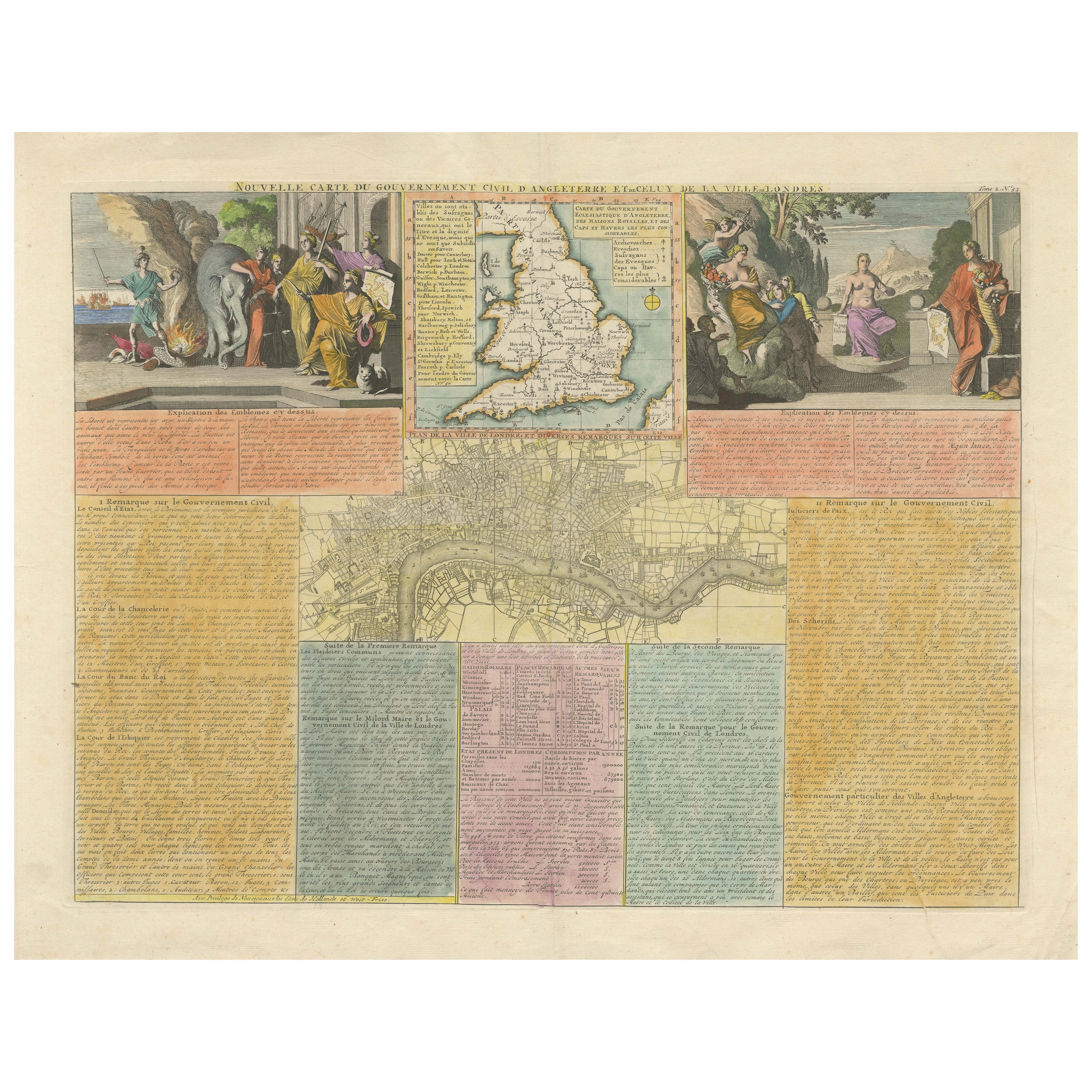 Carte d'Angleterre et de Londres avec des vignettes allégoriques, vers 1720 en vente