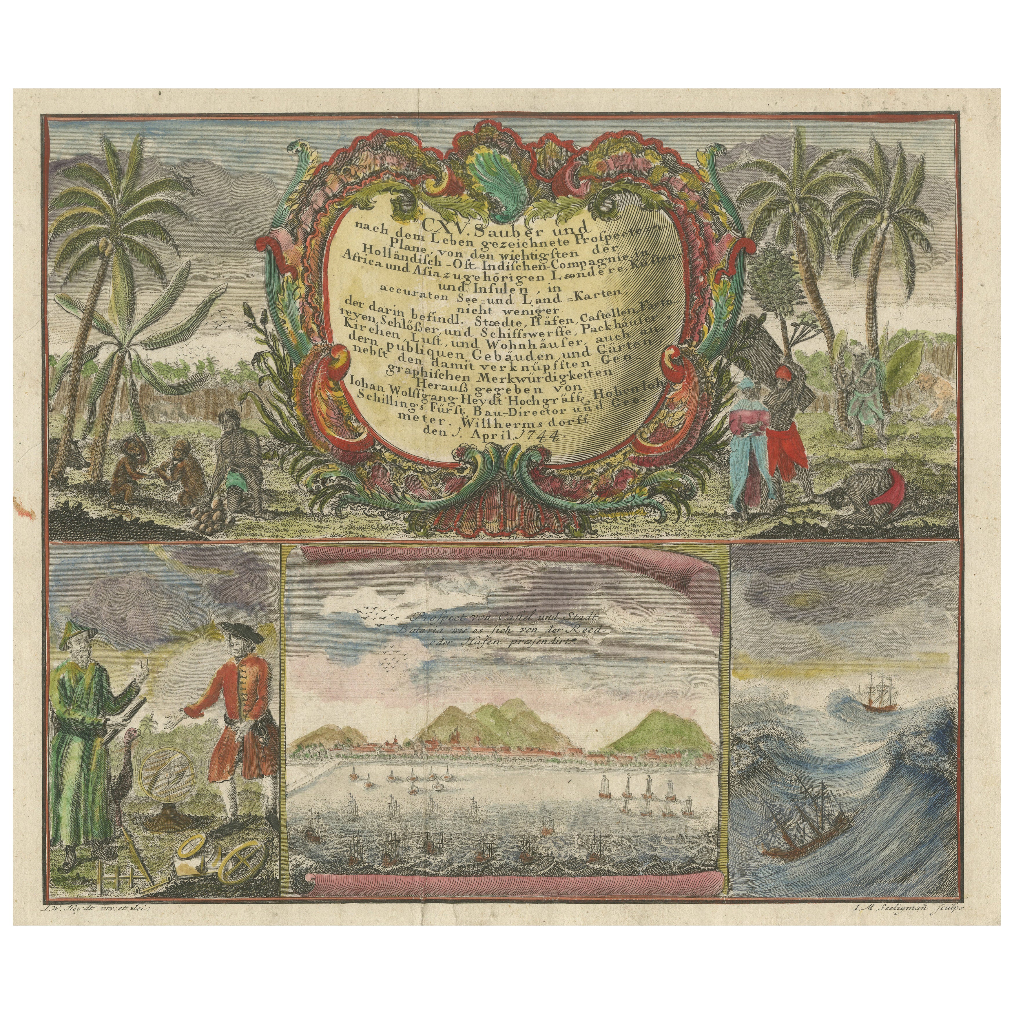 Niederländische Ostindien-Kompanie Kupferstich von Batavia und Handel, Heydt 1744 im Angebot