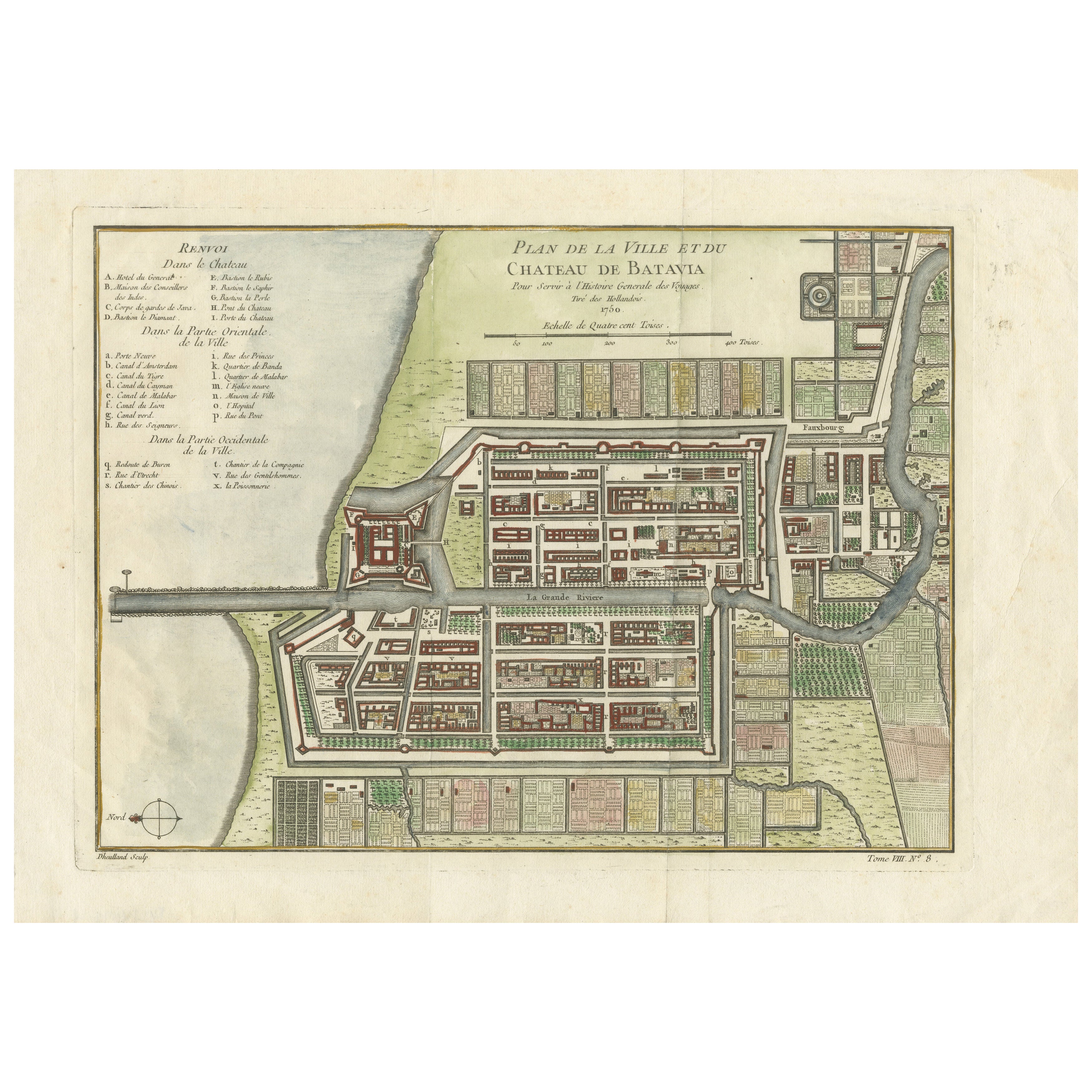 Plan de Batavia, Jakarta colonial, Indonésie, colorié à la main en 1750 par Jacques Bellin en vente