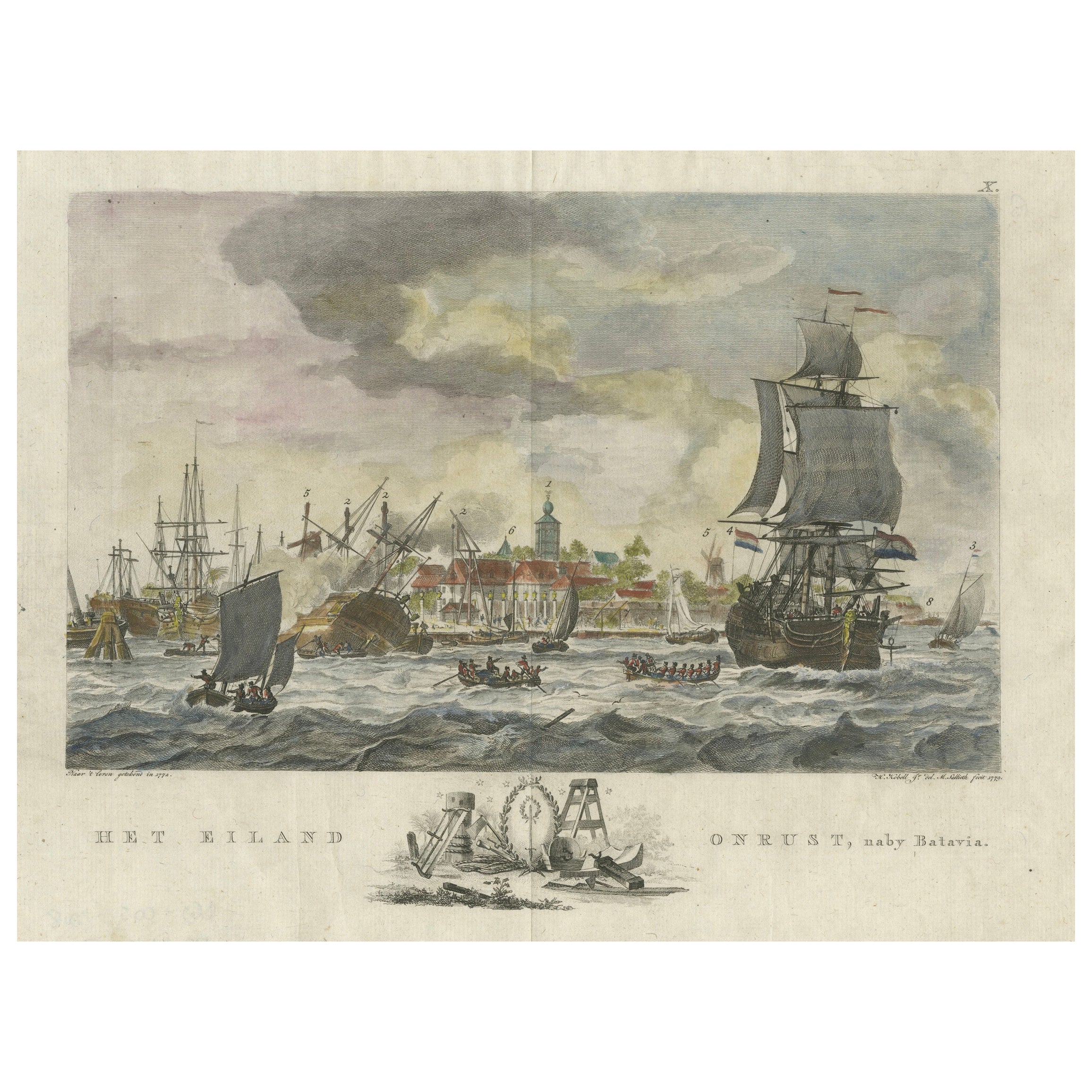 1779 Ansicht der Insel Onrust bei Batavia mit VOC-Werftaktivitäten im Angebot