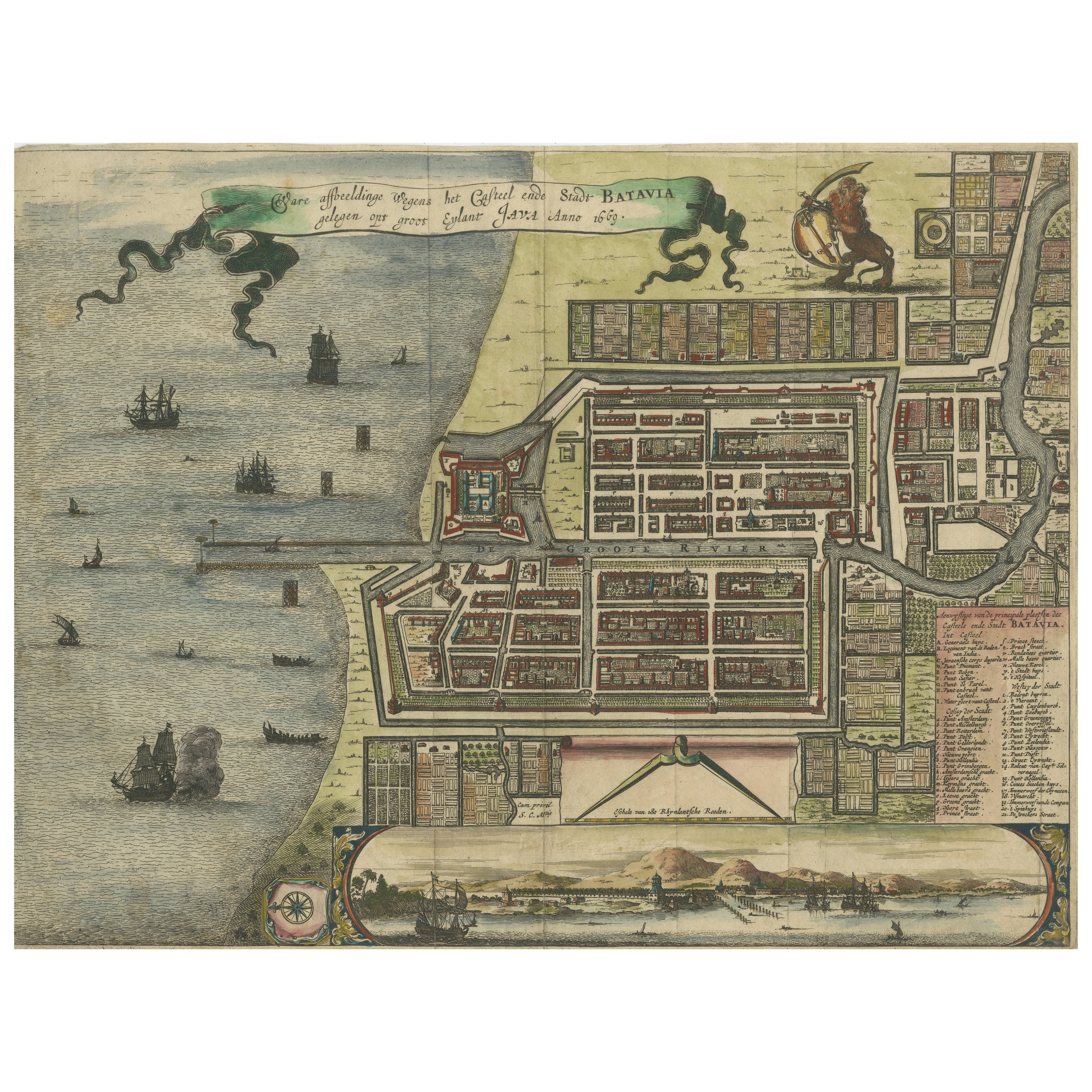 Seltene Karte von Batavia und der Burg auf Java von Isaac de l'Obel aus dem 17. im Angebot