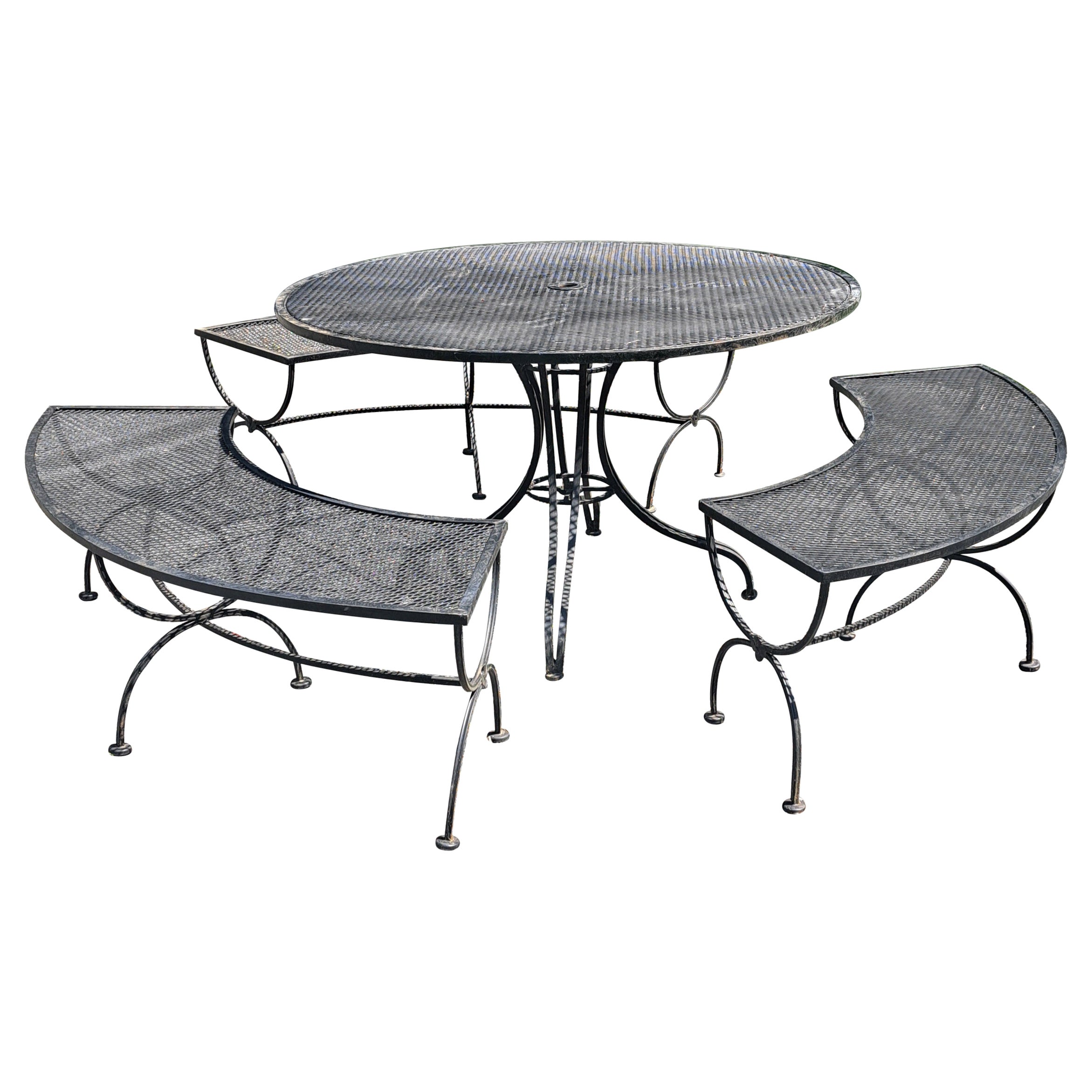 Woodard Patio Dining Set Round Table and 3 Benches For Sale