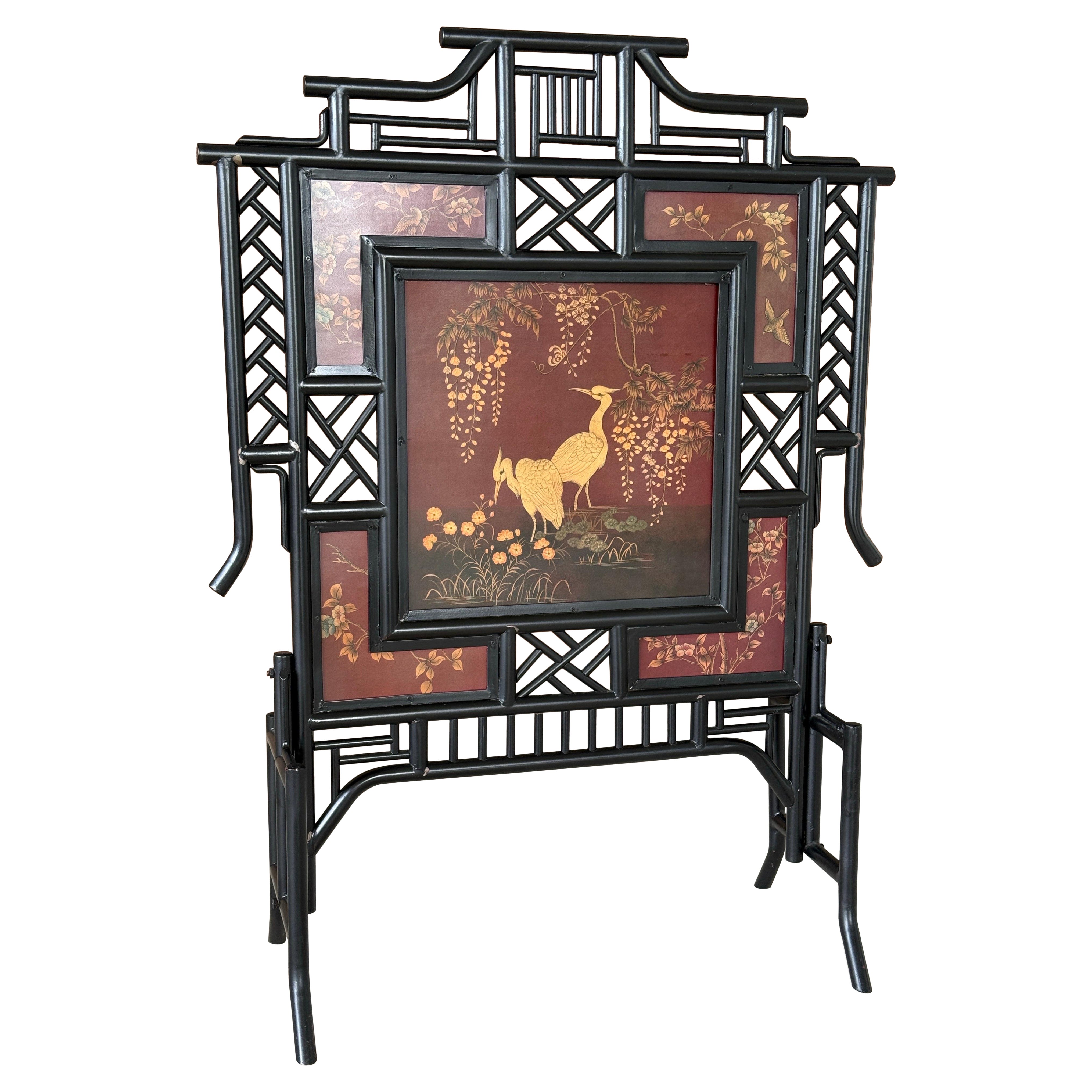 Vintage Chinoiserie Style Black Metal Fretwork Fireplace Screen With Crane and F