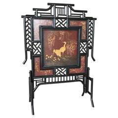 Vintage Chinoiserie Style Black Metal Fretwork Fireplace Screen With Crane and F
