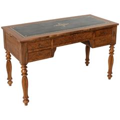 Rare Louis Philippe Period Burl Walnut Desk with Leather Top and Two Extensions