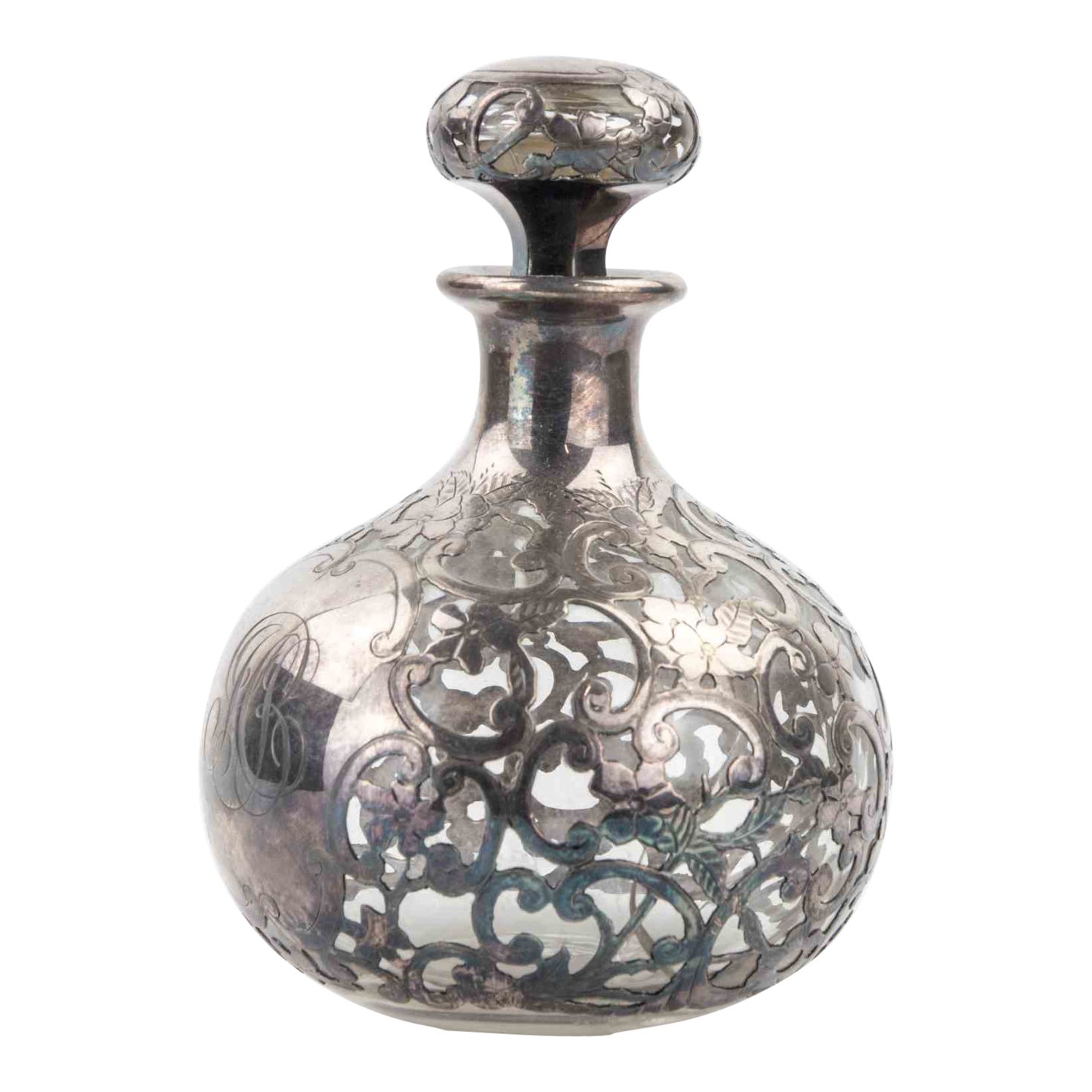 Art Nouveau Sterling Overlay Glass Bottle, Early 20th Century For Sale