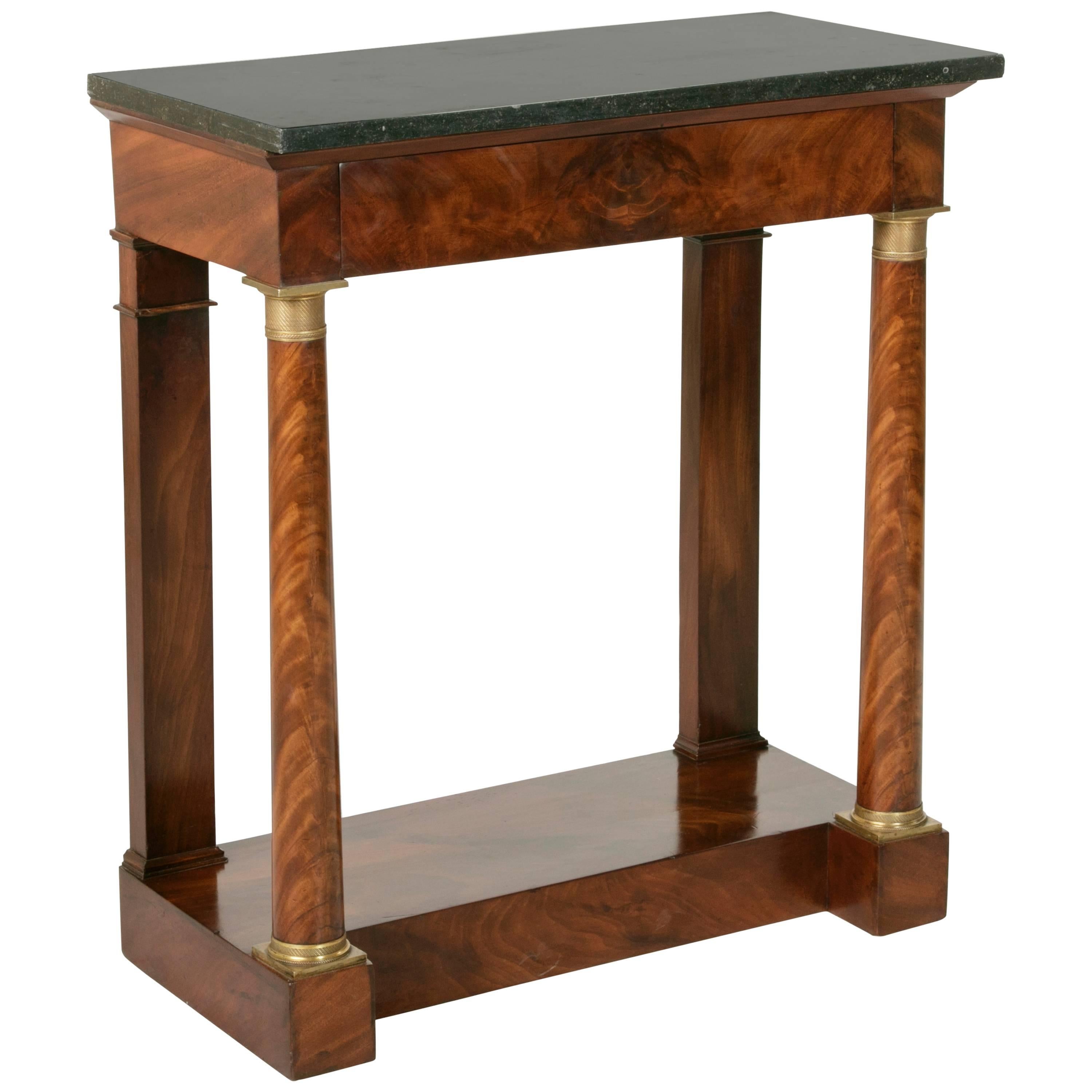Period Empire Flamed Mahogany Console Table with Columns and Black Marble