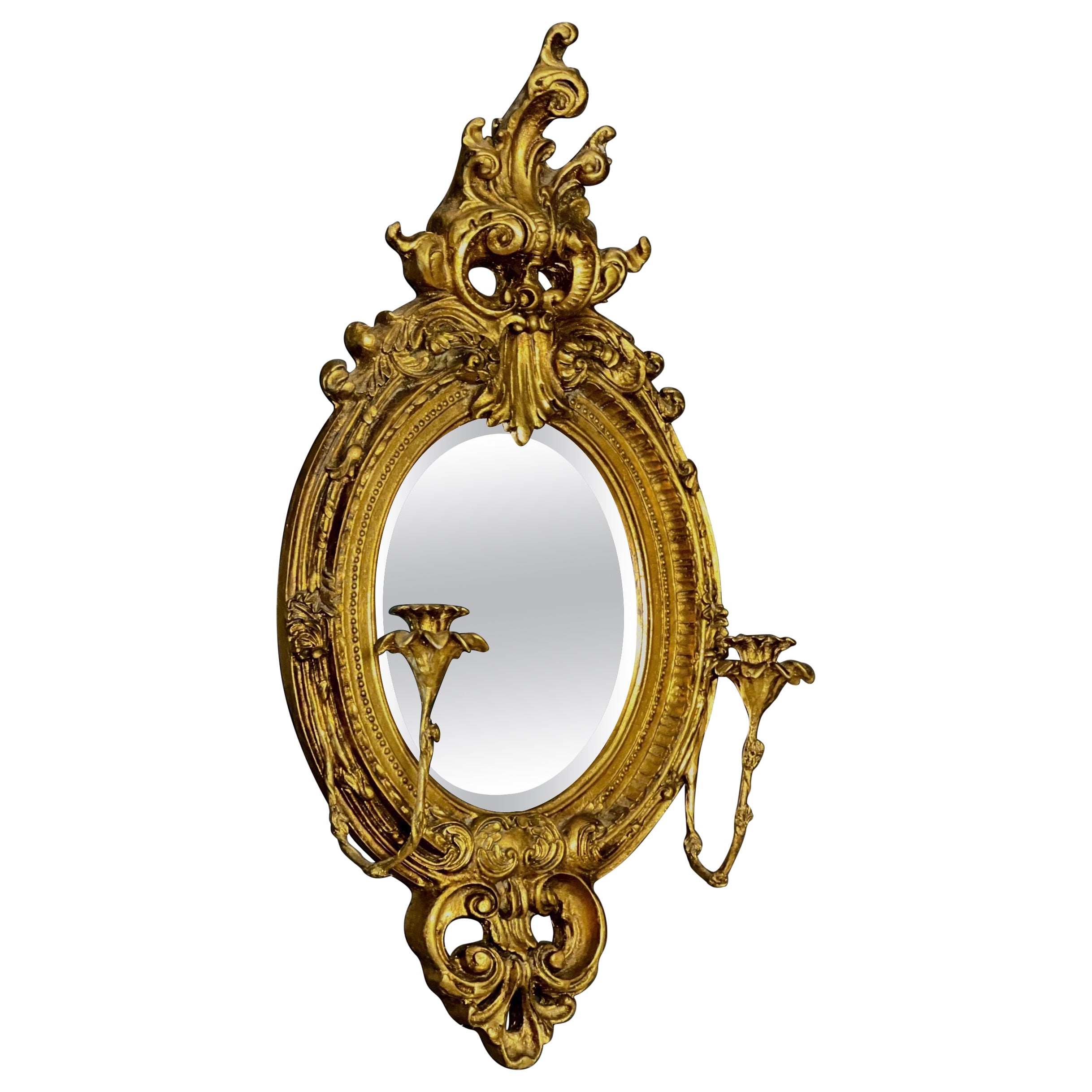 19th C. French Baroque Carved Gilt Girandole Oval Sconce Mirror with Candelabra For Sale