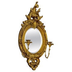 Antique 19th C. French Baroque Carved Gilt Girandole Oval Sconce Mirror with Candelabra