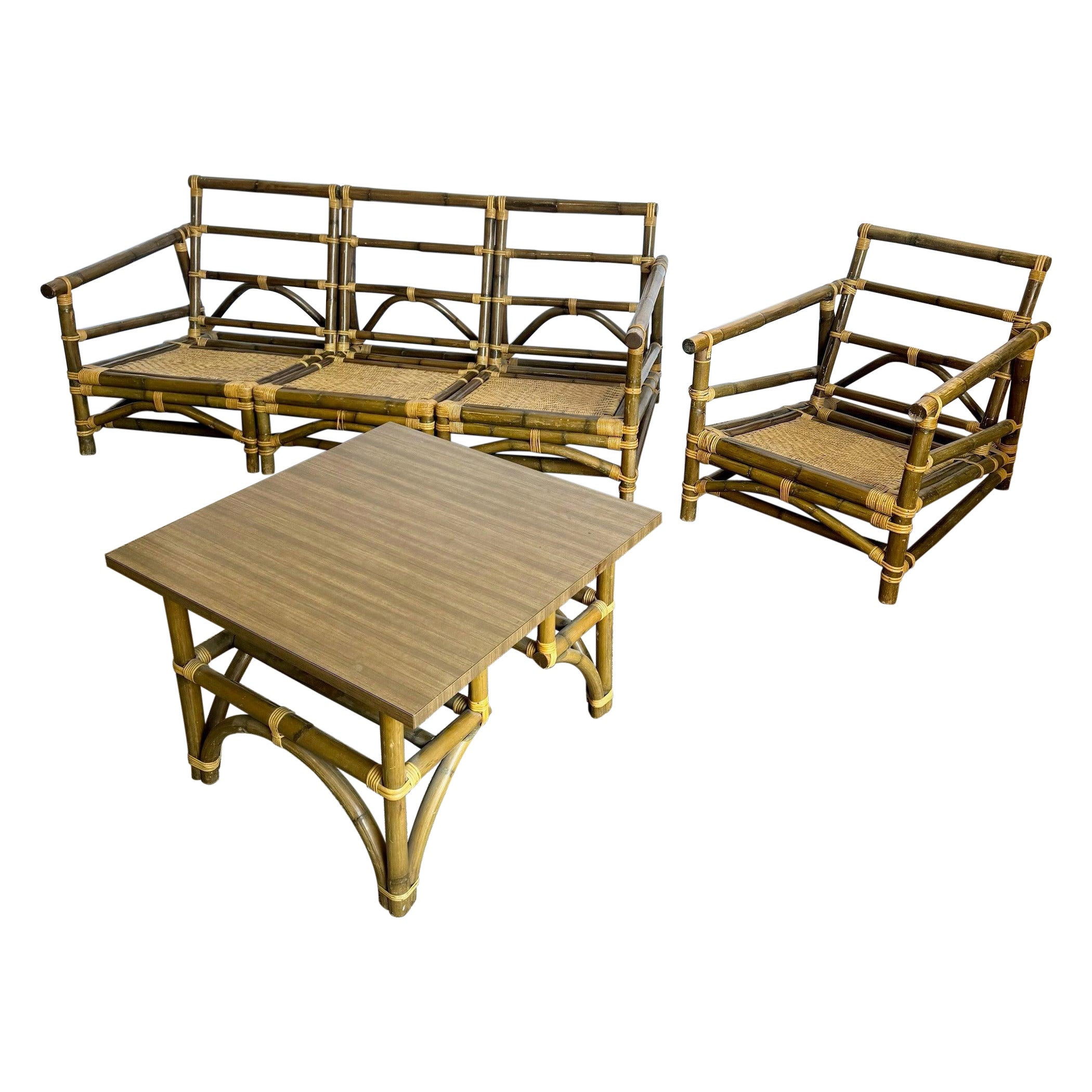 Divano modulare in vimini di Boho Chic con sedia e tavolino di Calif-Asia
