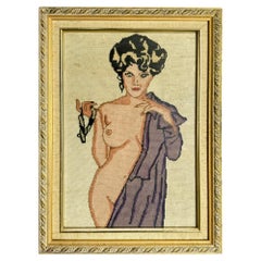 Vintage Needle Point von nackten Dame in lila Robe