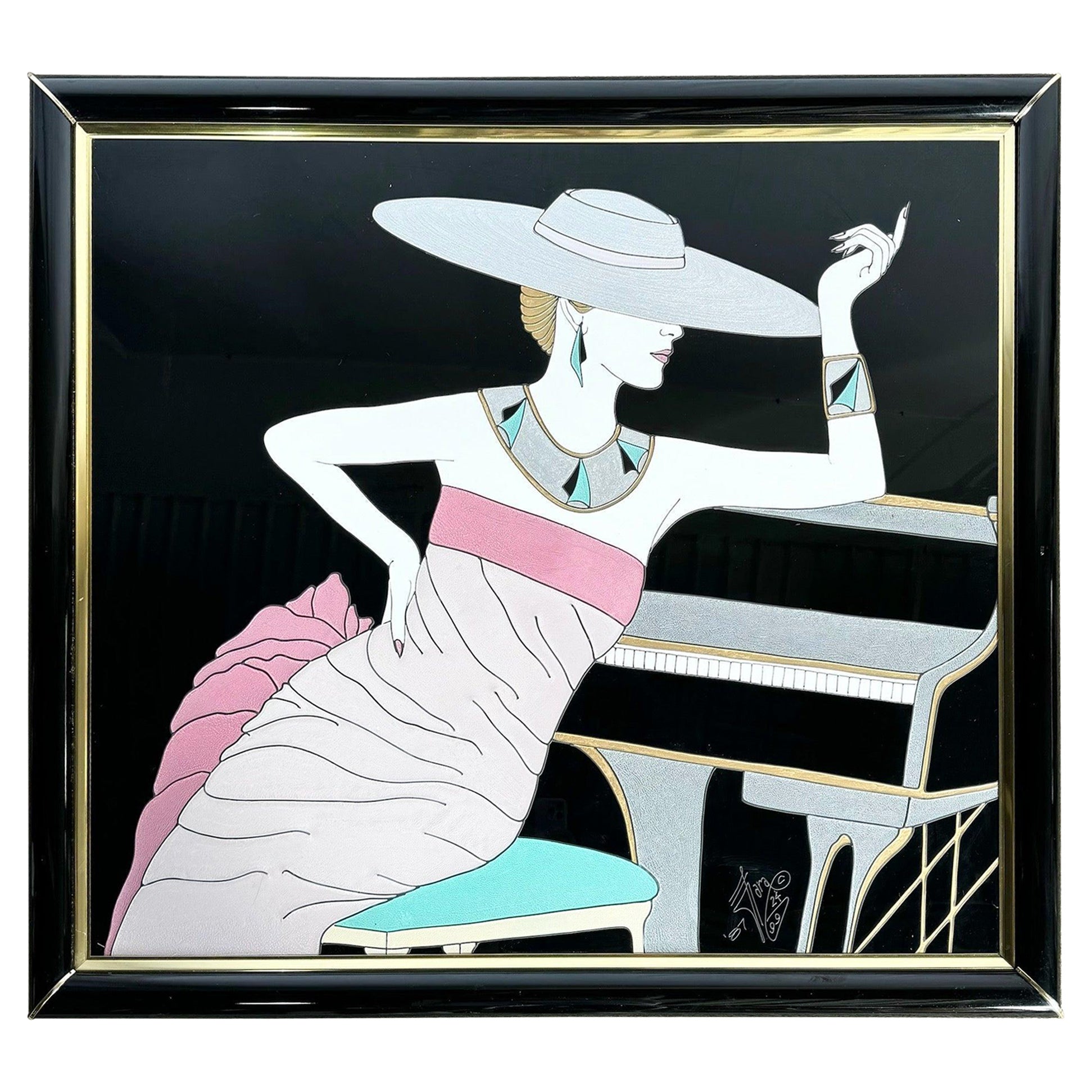 Art Deco Gemälde auf Acryl von Frau in rosa Kleid von Fara Zareey