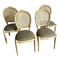 Vintage Carved Rope Twist Louis XVI Dining Chairs With Cane Backs - Set of 4