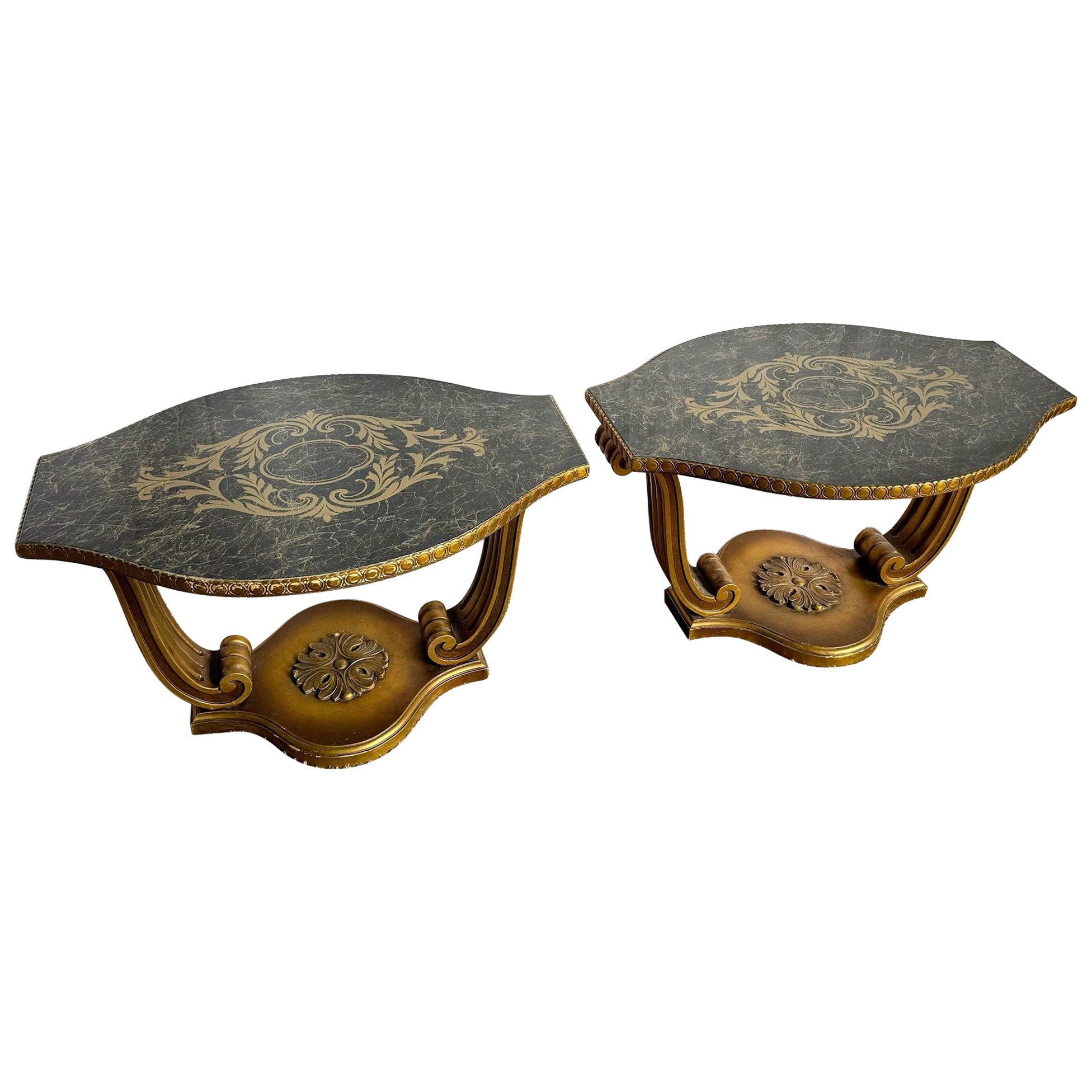 Vintage Italian Glass Top Hand Painted Guilt Side Tables - A Pair For Sale
