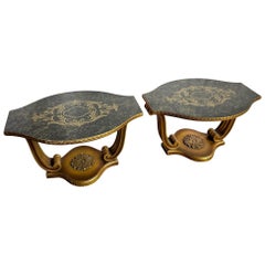 Vintage Italian Glass Top Hand Painted Guilt Side Tables - A Pair