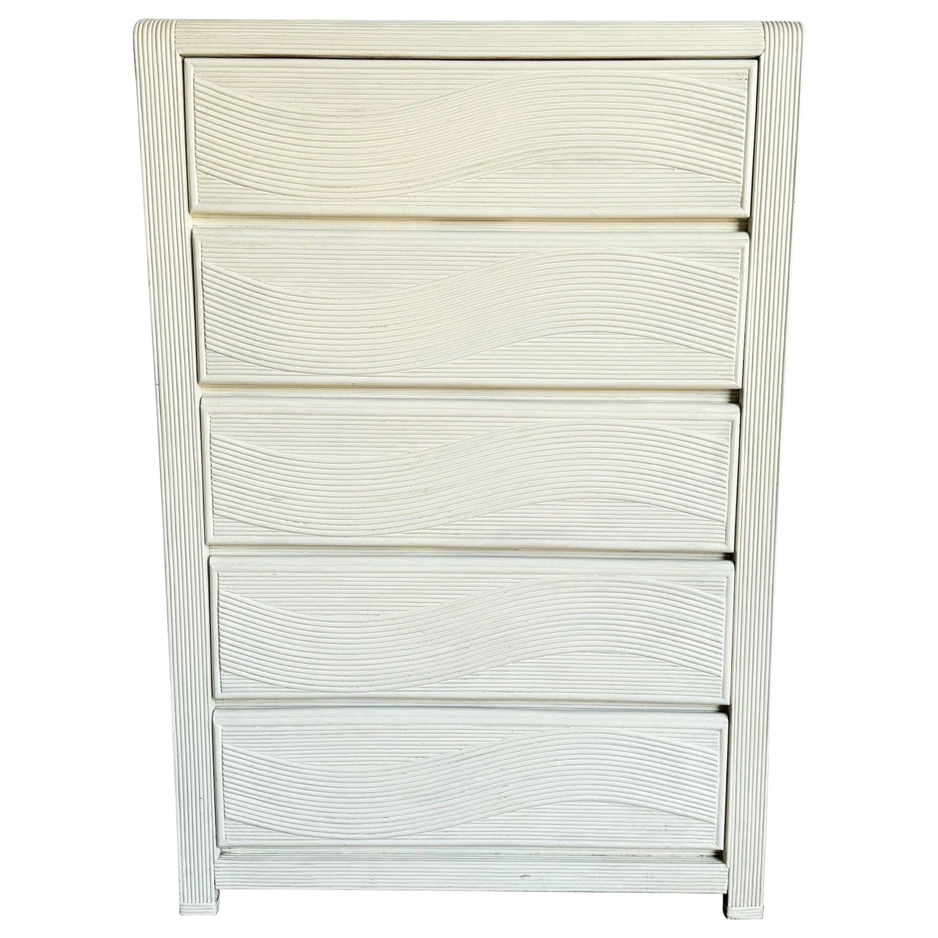 Boho Chic White Wavy Pencil Reed Highboy Dresser - 5 Drawers