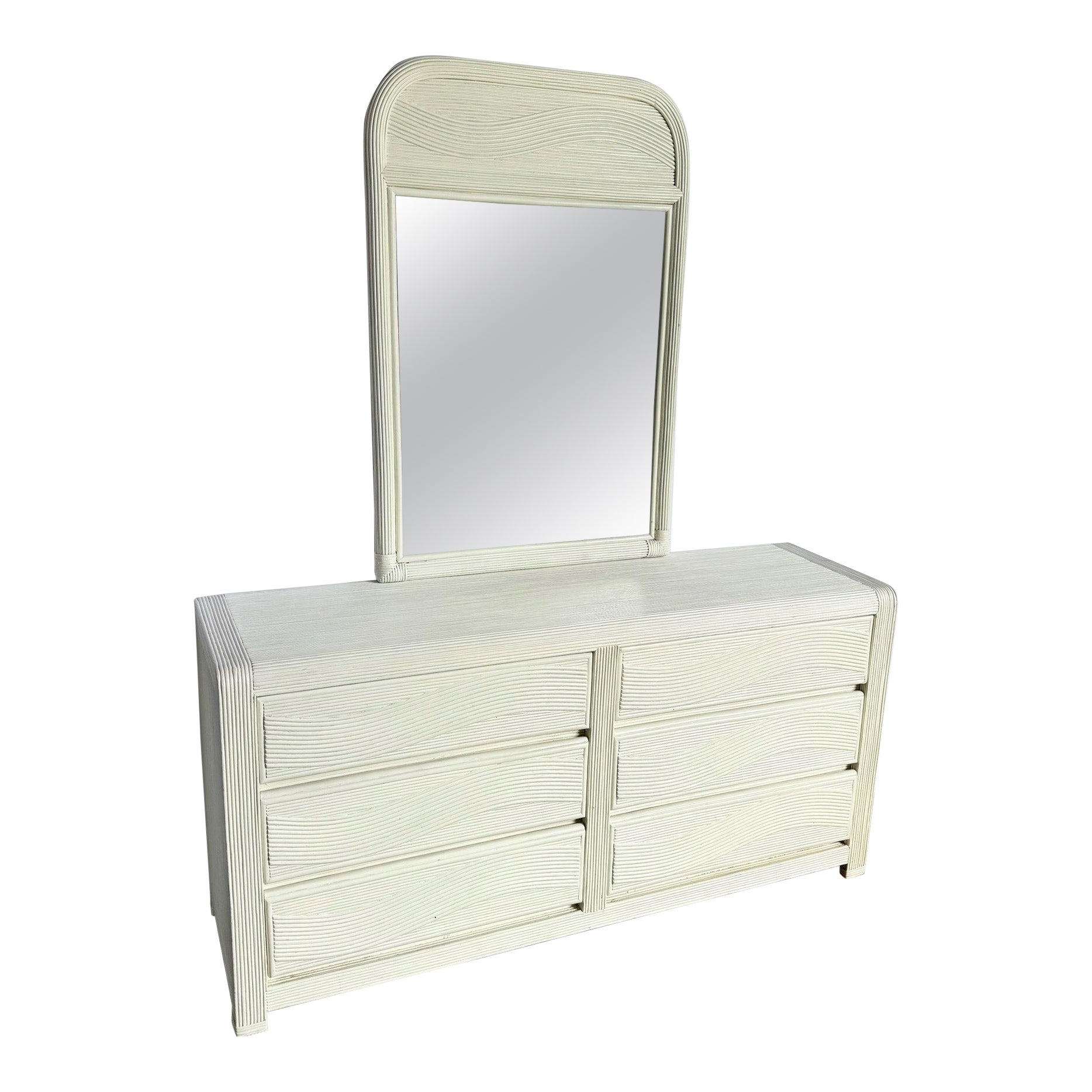 Boho Chic White Wavy Pencil Reed Dresser With Mirror