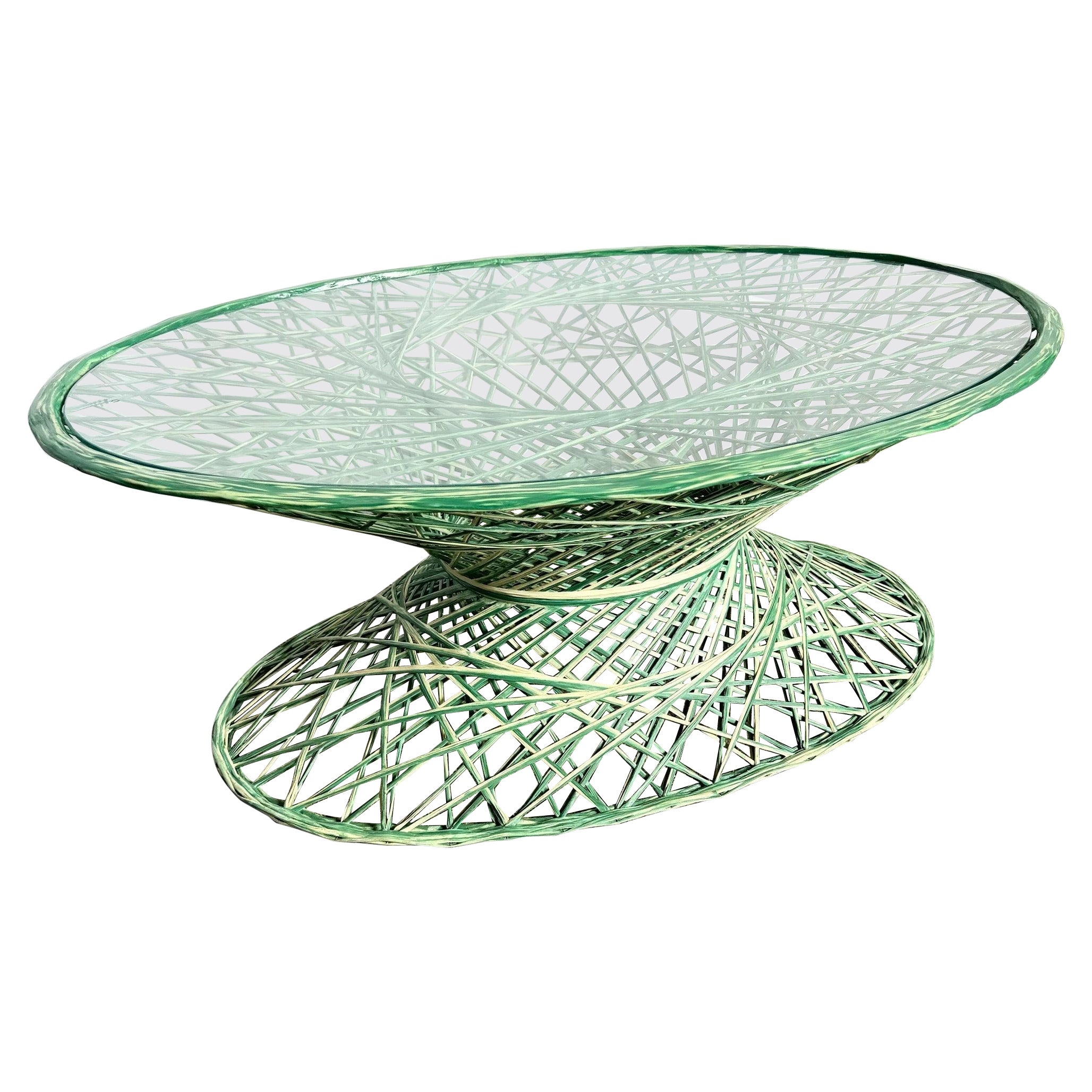 Mid Century Modern Green Oval Spun Fiberglass Glass Top Coffee Table For Sale