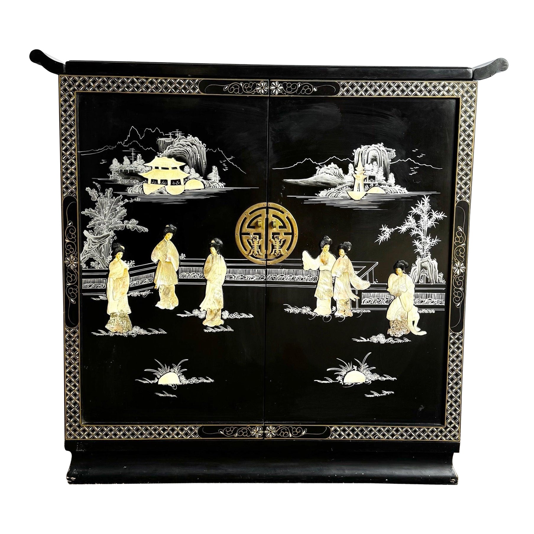 Chinese Hand Painted Black Lacquered Dry Bar With Mother of Pearl Accents For Sale