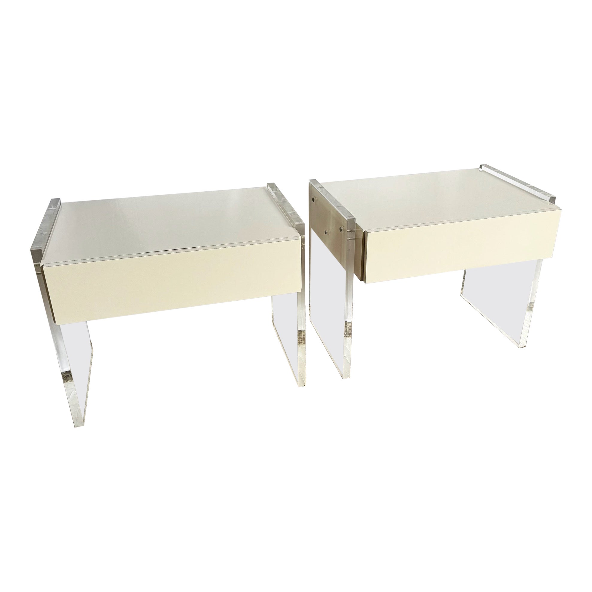 Postmodern White Laminate Lucite Floating Nighstands - A Pair