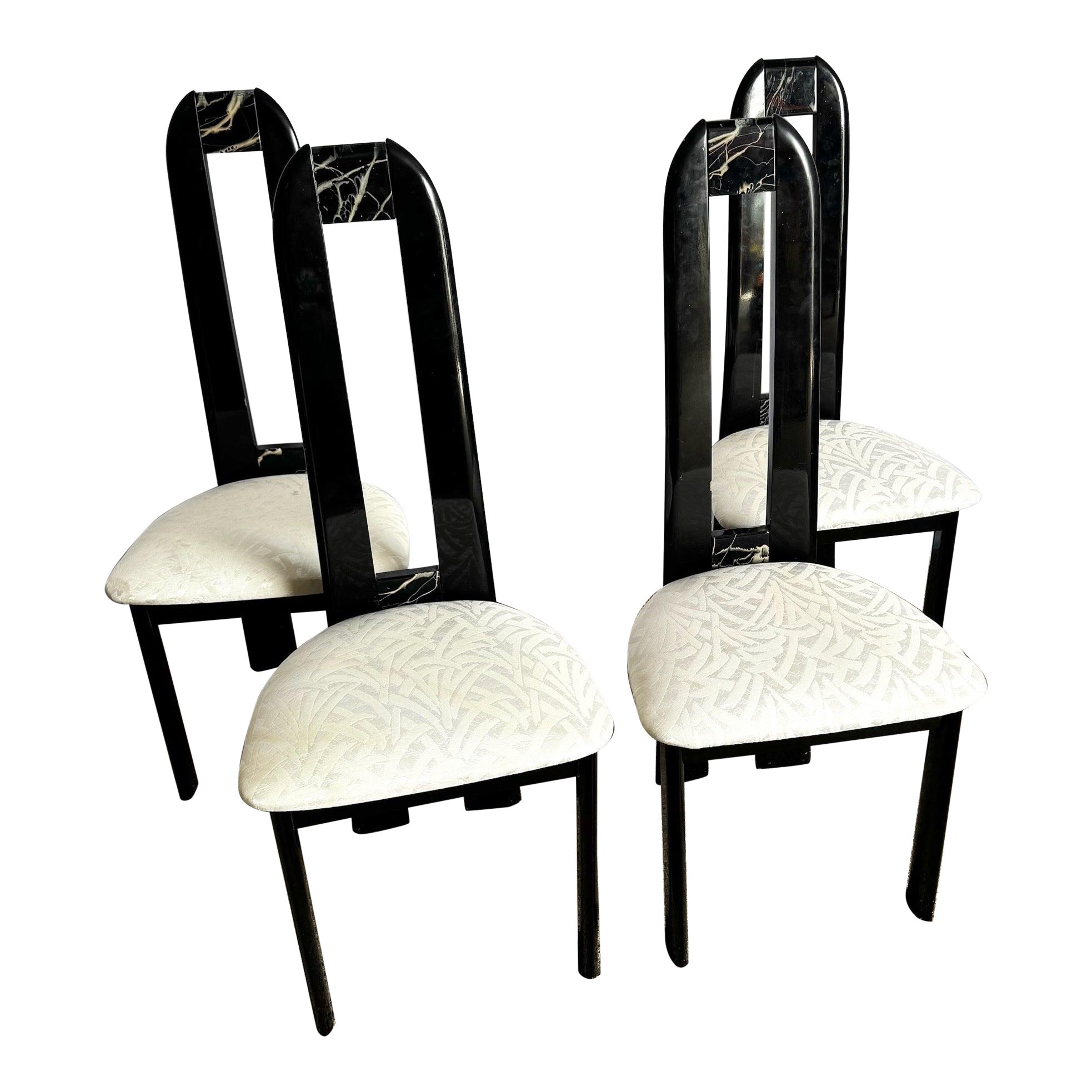 Sedie da pranzo con schienale alto in finto marmo laccato nero Art Deco in vendita