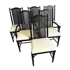 Vintage Coastal Black Faux Bamboo Cane Back Dining Chairs by Century - Set of 6