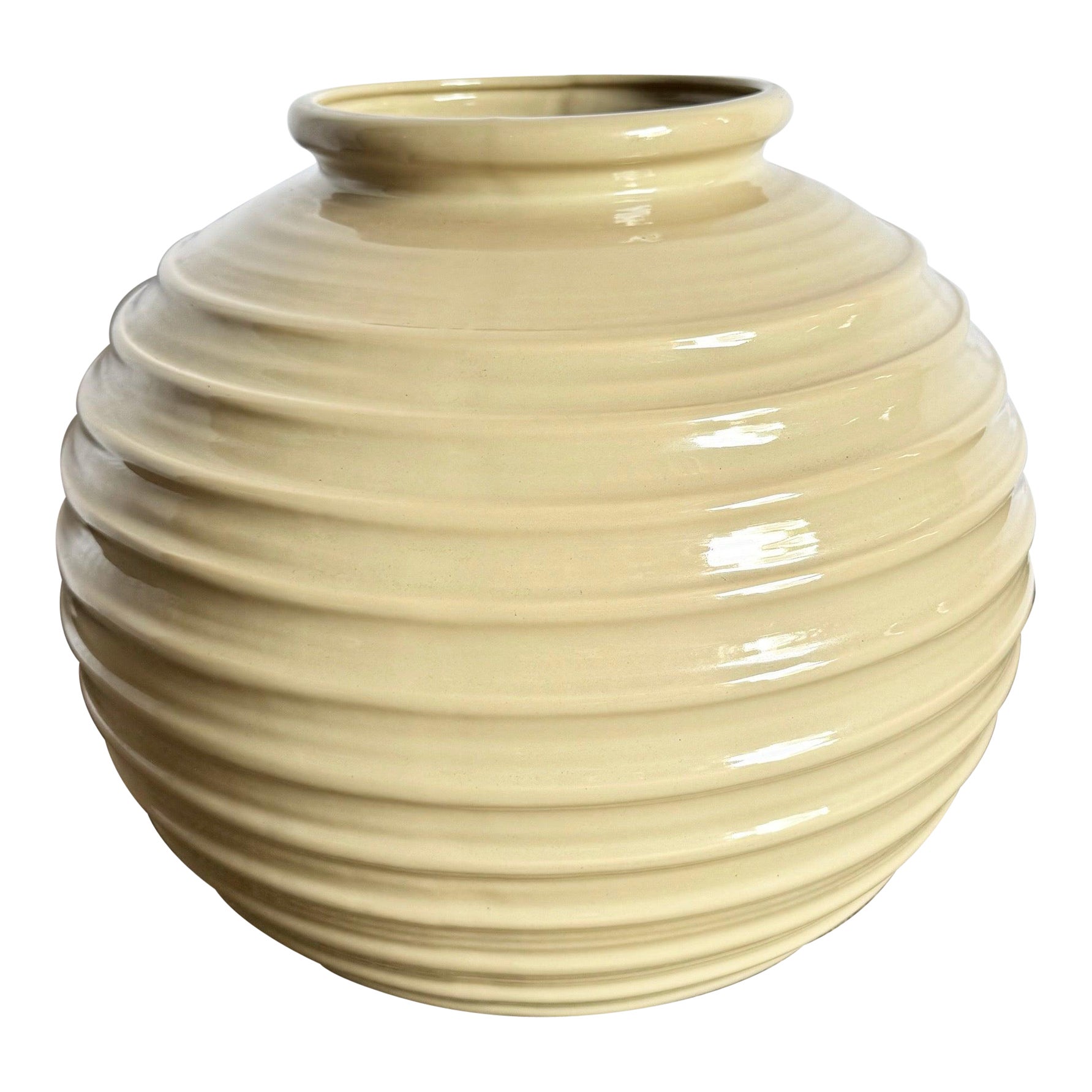 Postmodern Tan Gloss Ceramic Ribbed Spherical Vase For Sale