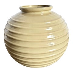 Postmodern Tan Gloss Ceramic Ribbed Spherical Vase